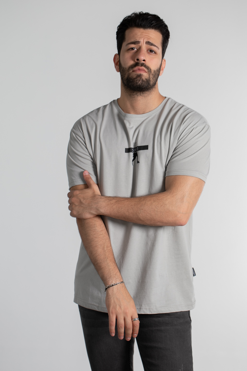 Man baskılı oversize t-shirt-4459 B.Gri