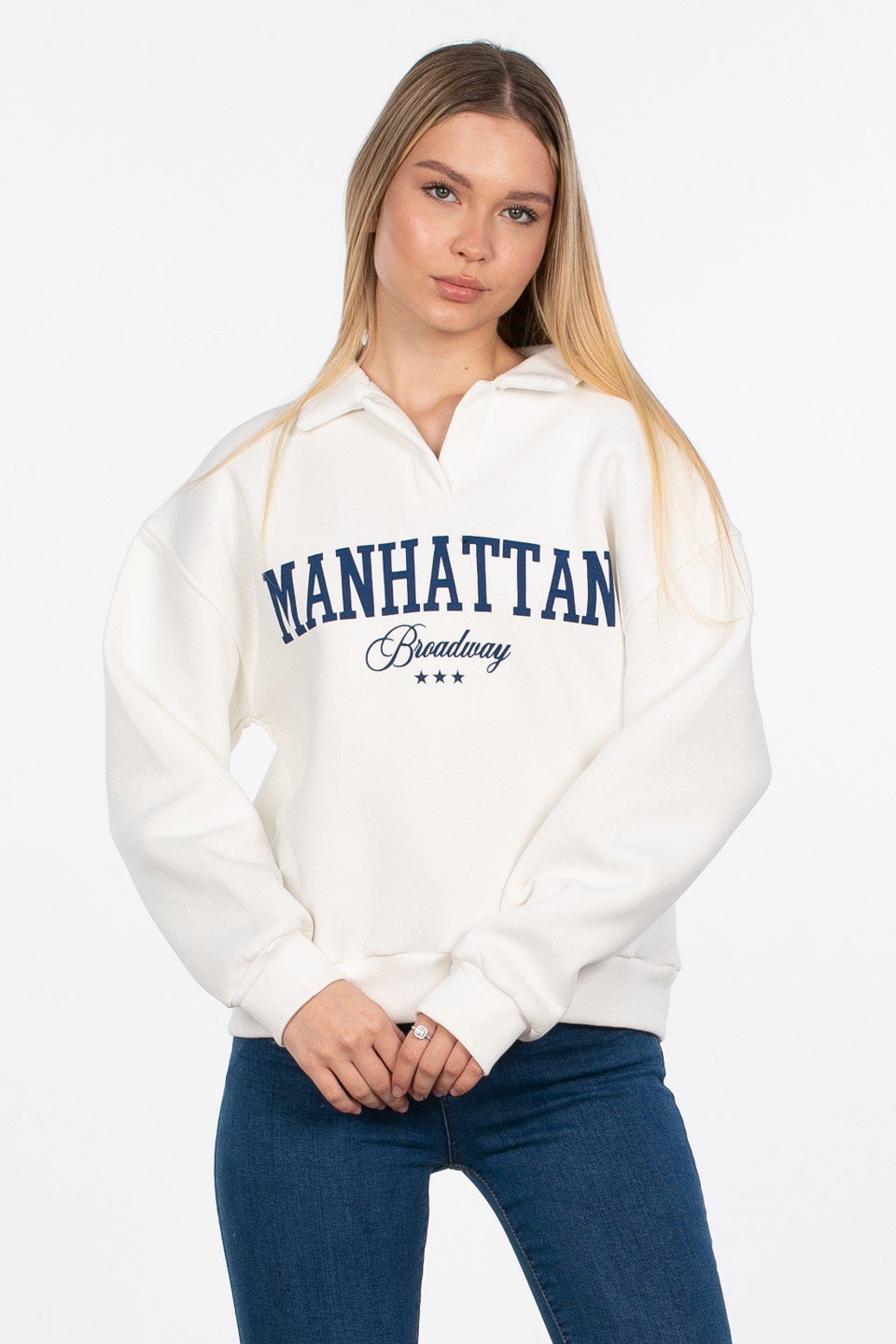 Manhattan baskılı sweatshirt-82-152 Ekru/Lacivert