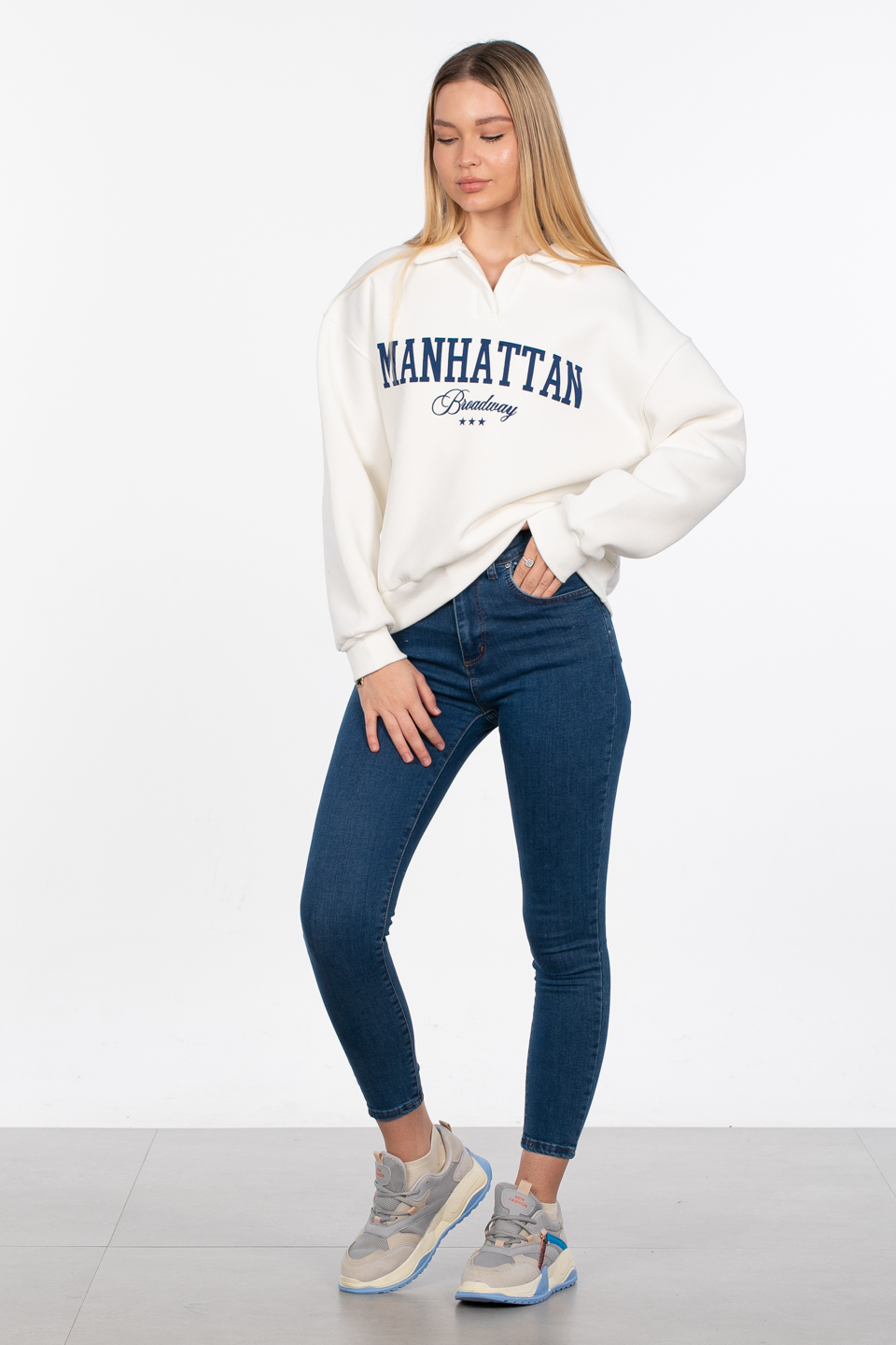 Manhattan baskılı sweatshirt-82-152 Ekru/Lacivert
