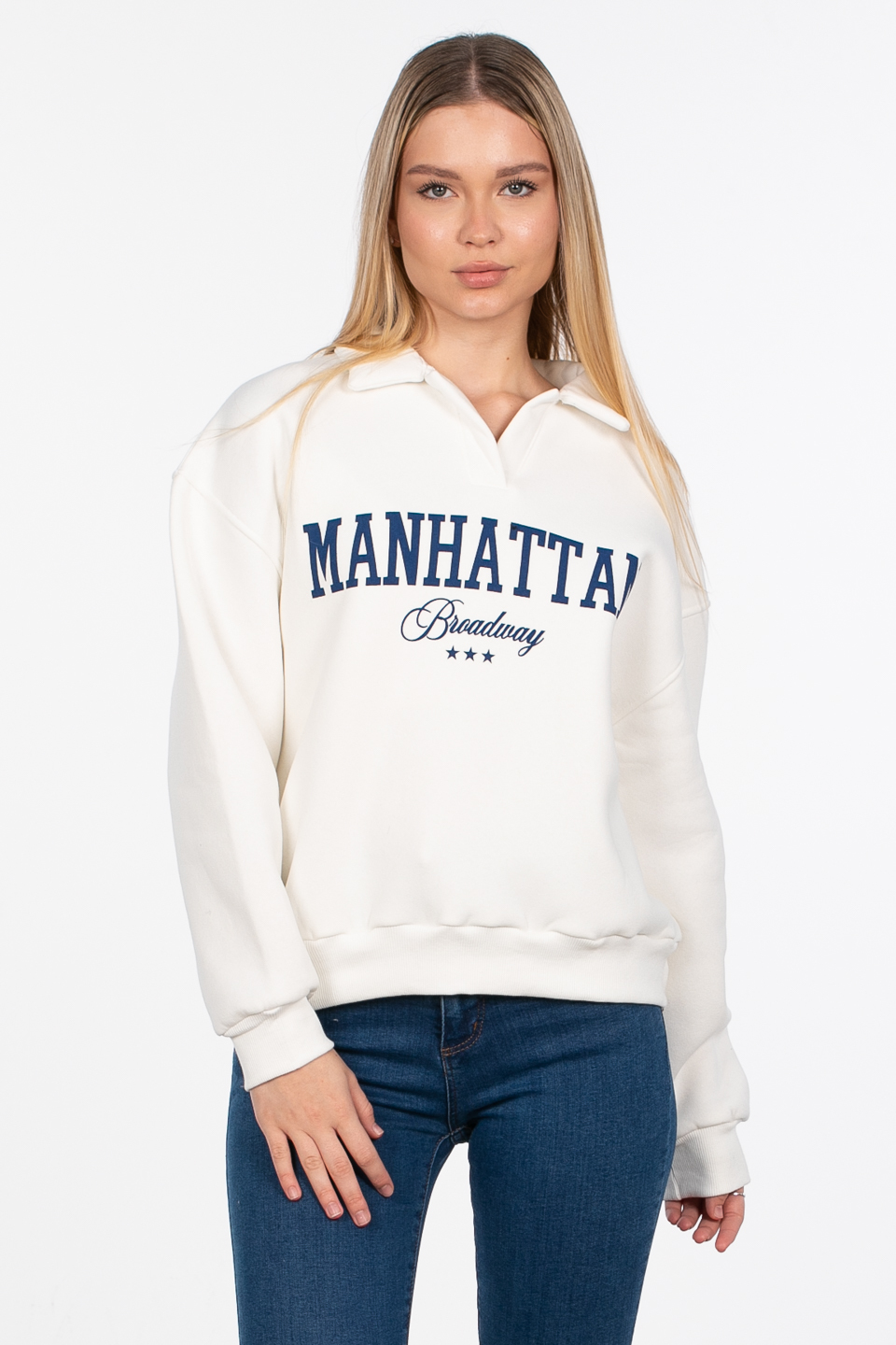 Manhattan baskılı sweatshirt-82-152 Ekru/Lacivert