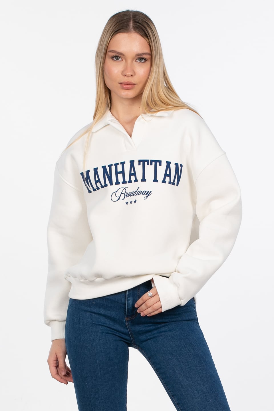 Manhattan baskılı sweatshirt-82-152 Ekru/Lacivert