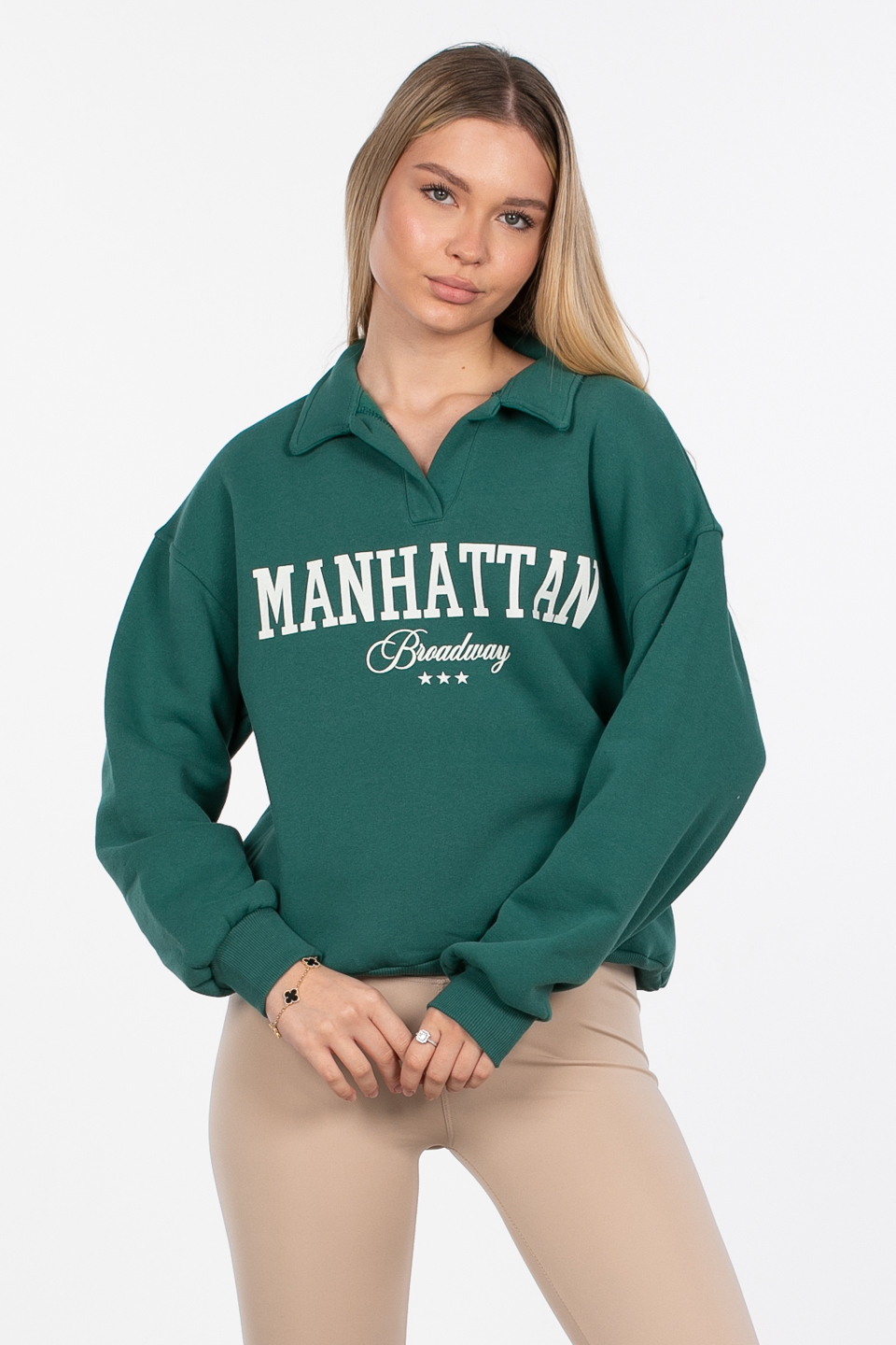 Manhattan baskılı sweatshirt-82-152 K.Yeşil/Ekru