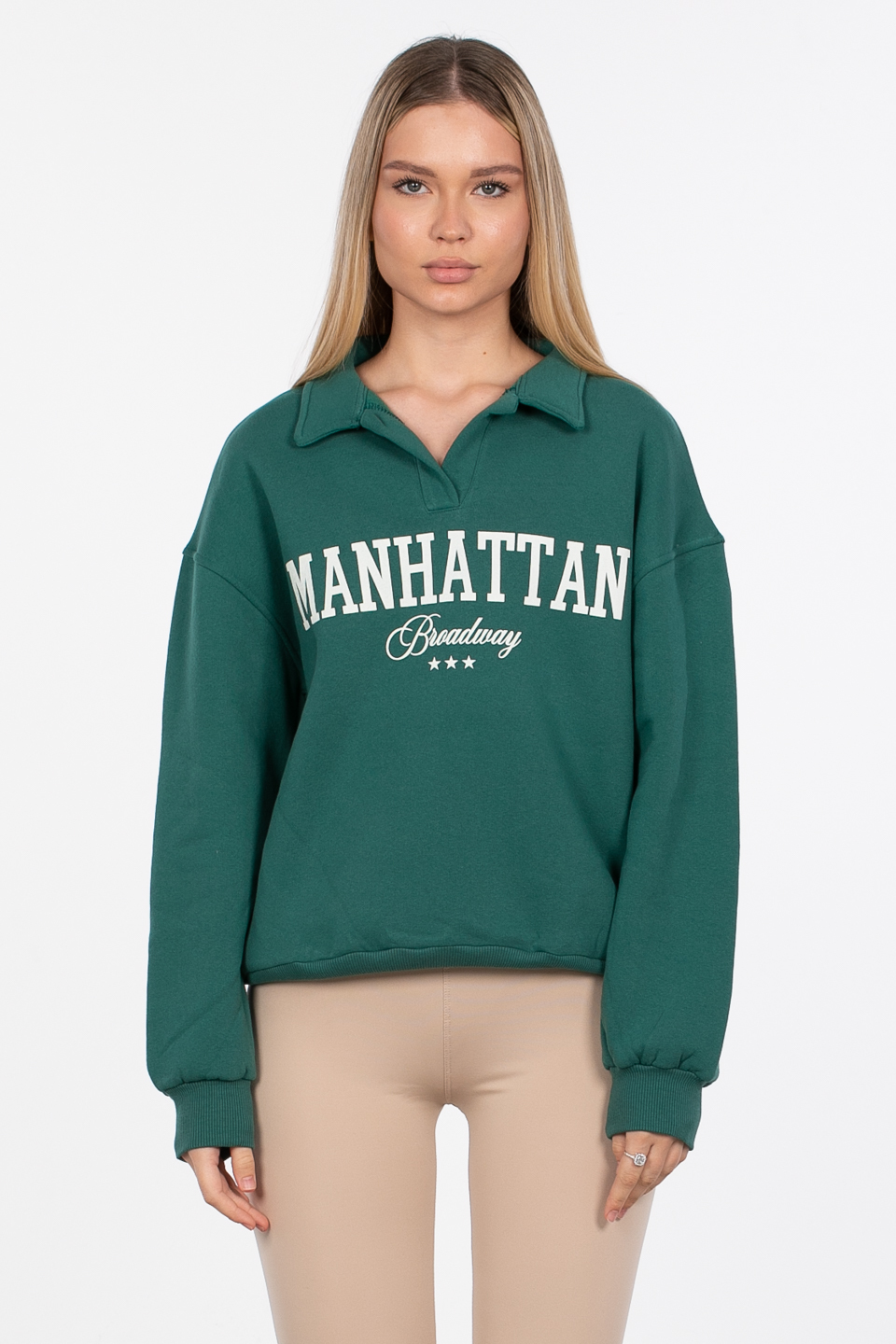 Manhattan baskılı sweatshirt-82-152 K.Yeşil/Ekru