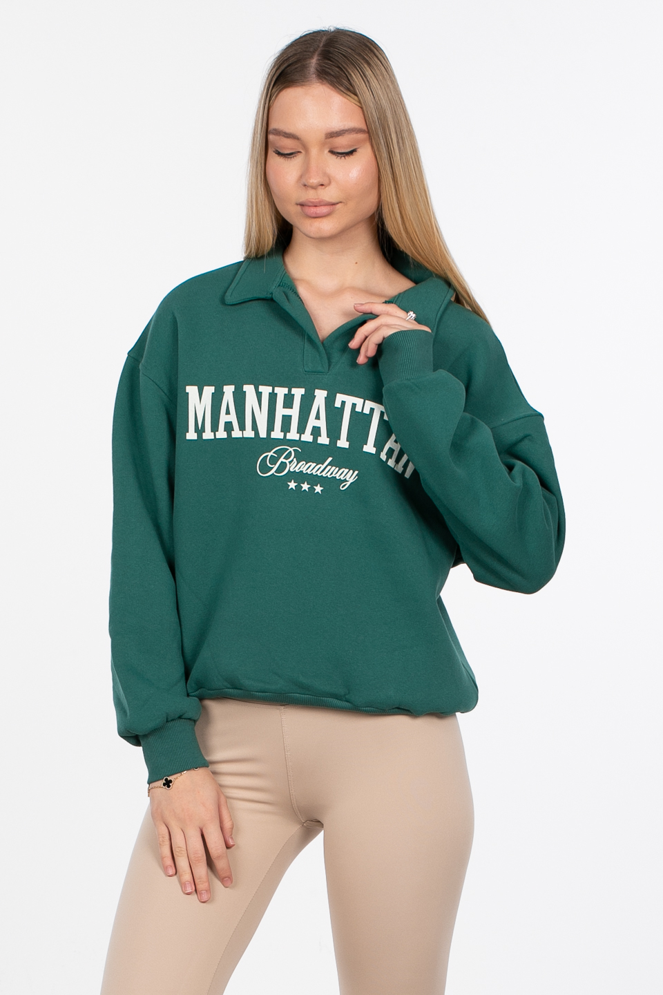 Manhattan baskılı sweatshirt-82-152 K.Yeşil/Ekru