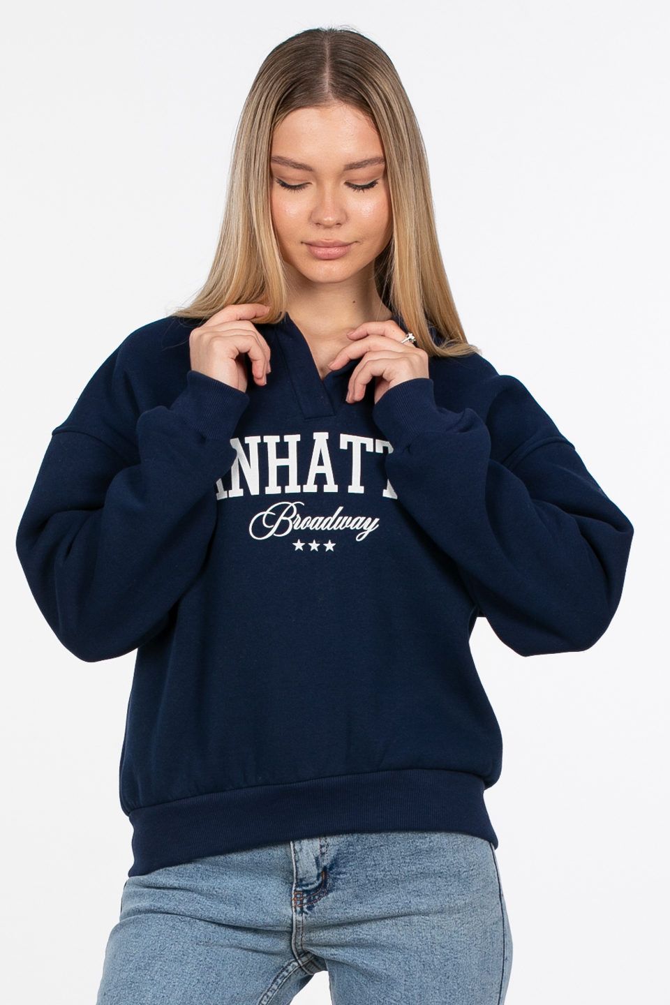 Manhattan baskılı sweatshirt-82-152 Lacivert/Ekru