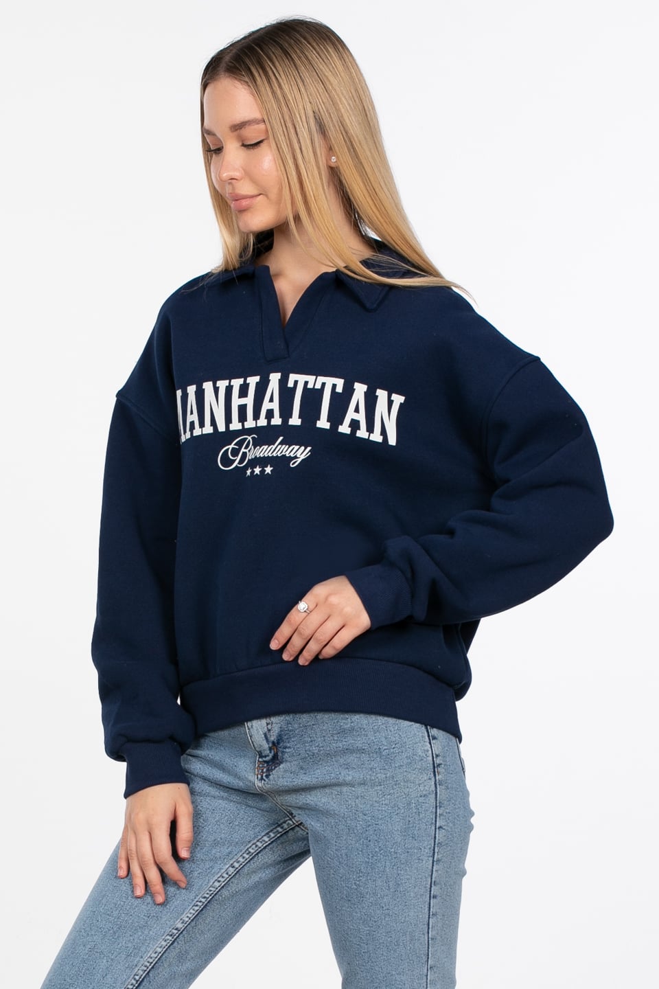 Manhattan baskılı sweatshirt-82-152 Lacivert/Ekru