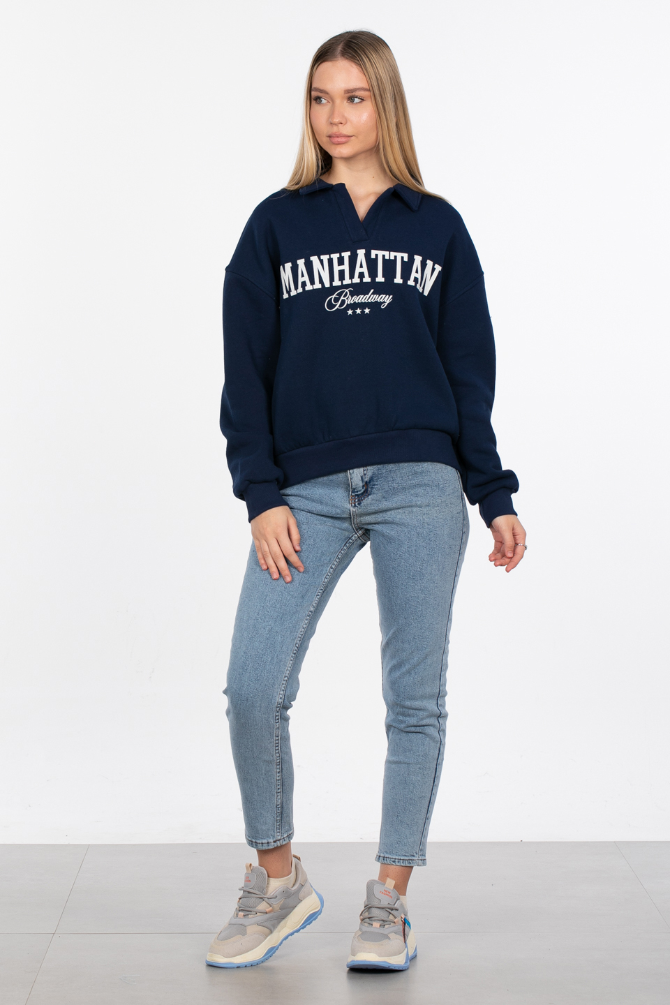 Manhattan baskılı sweatshirt-82-152 Lacivert/Ekru