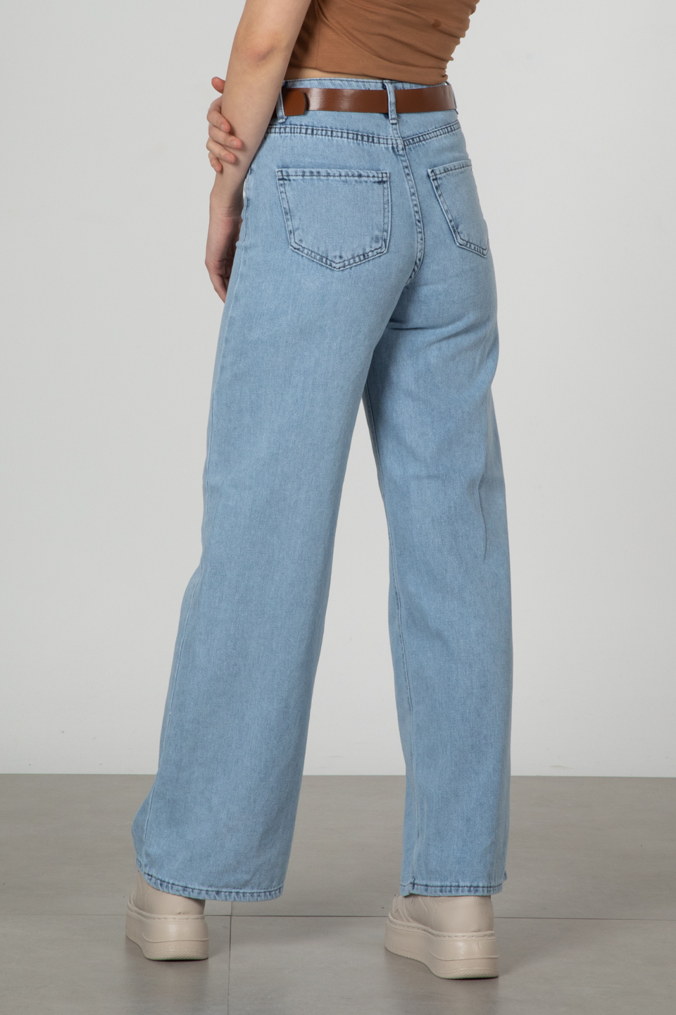 MARY-Kemerli bol paça pantolon-2265 Mavi Kar Y.