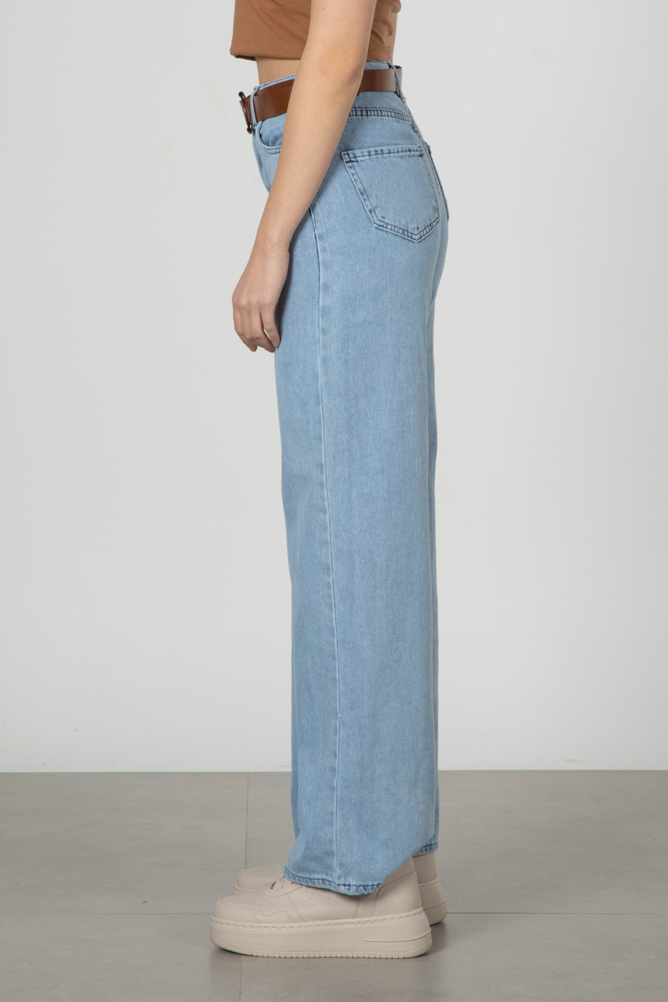 MARY-Kemerli bol paça pantolon-2265 Mavi Kar Y.