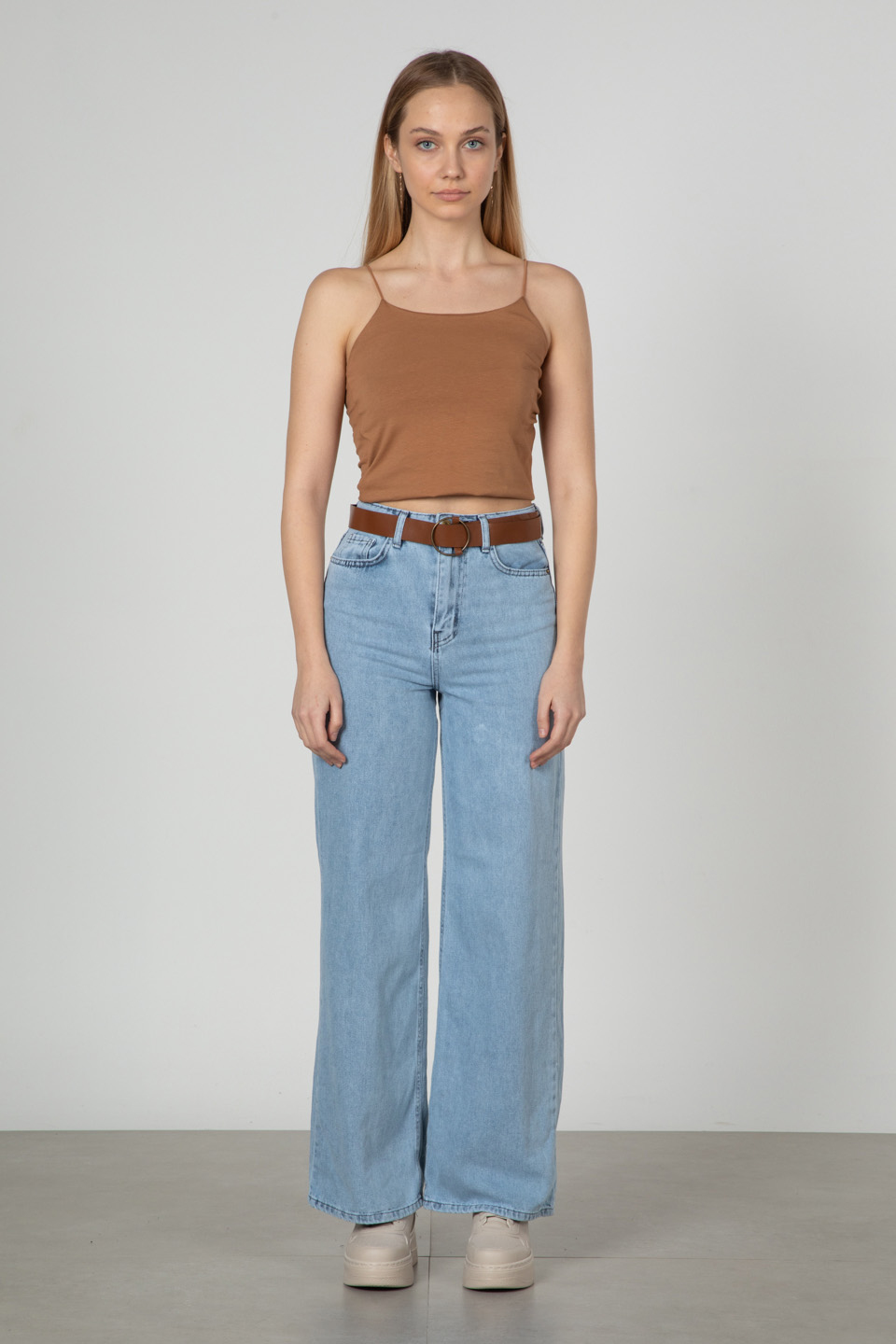 MARY-Kemerli bol paça pantolon-2265 Mavi Kar Y.