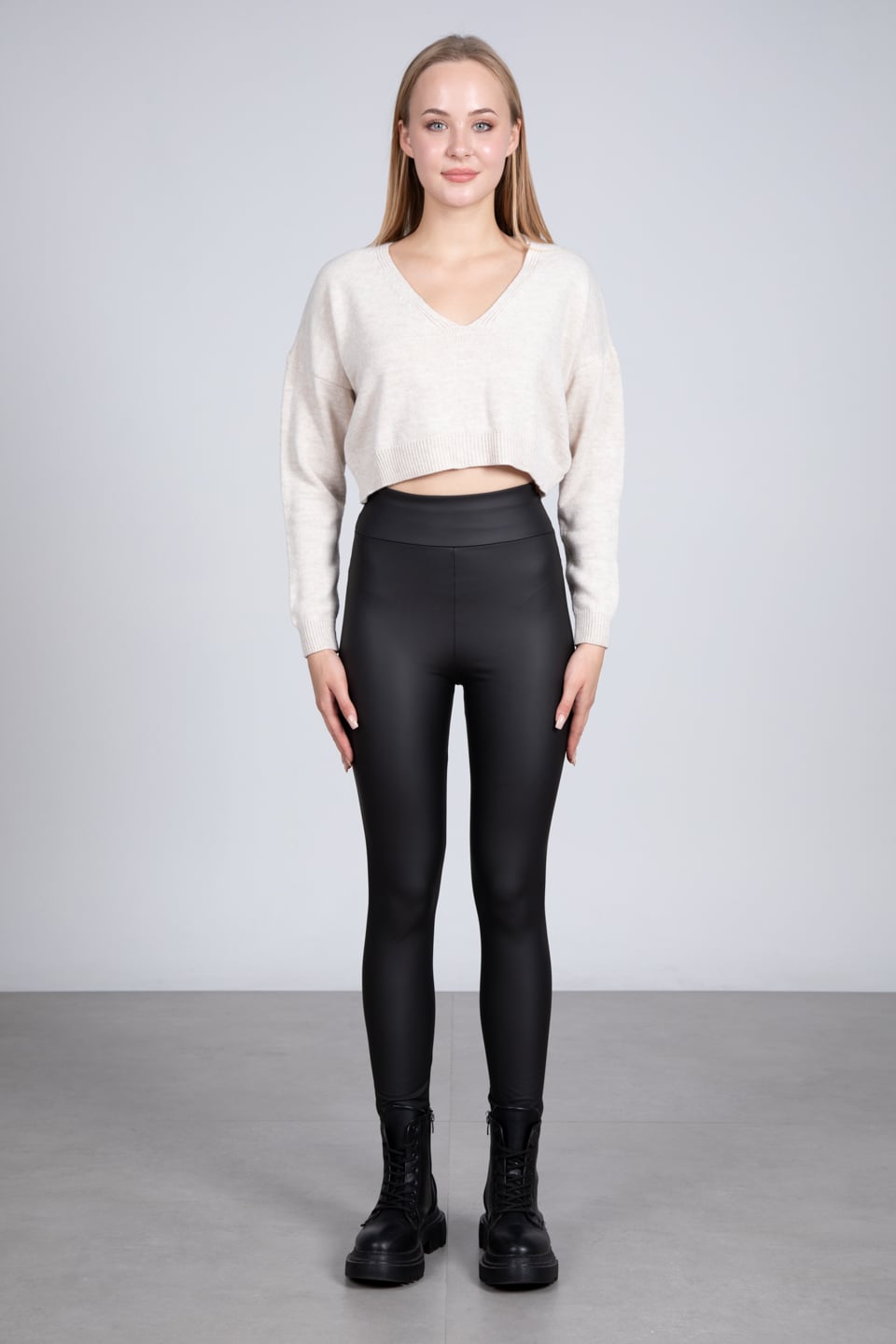 Mat deri görünümlü tayt-1545 Siyah