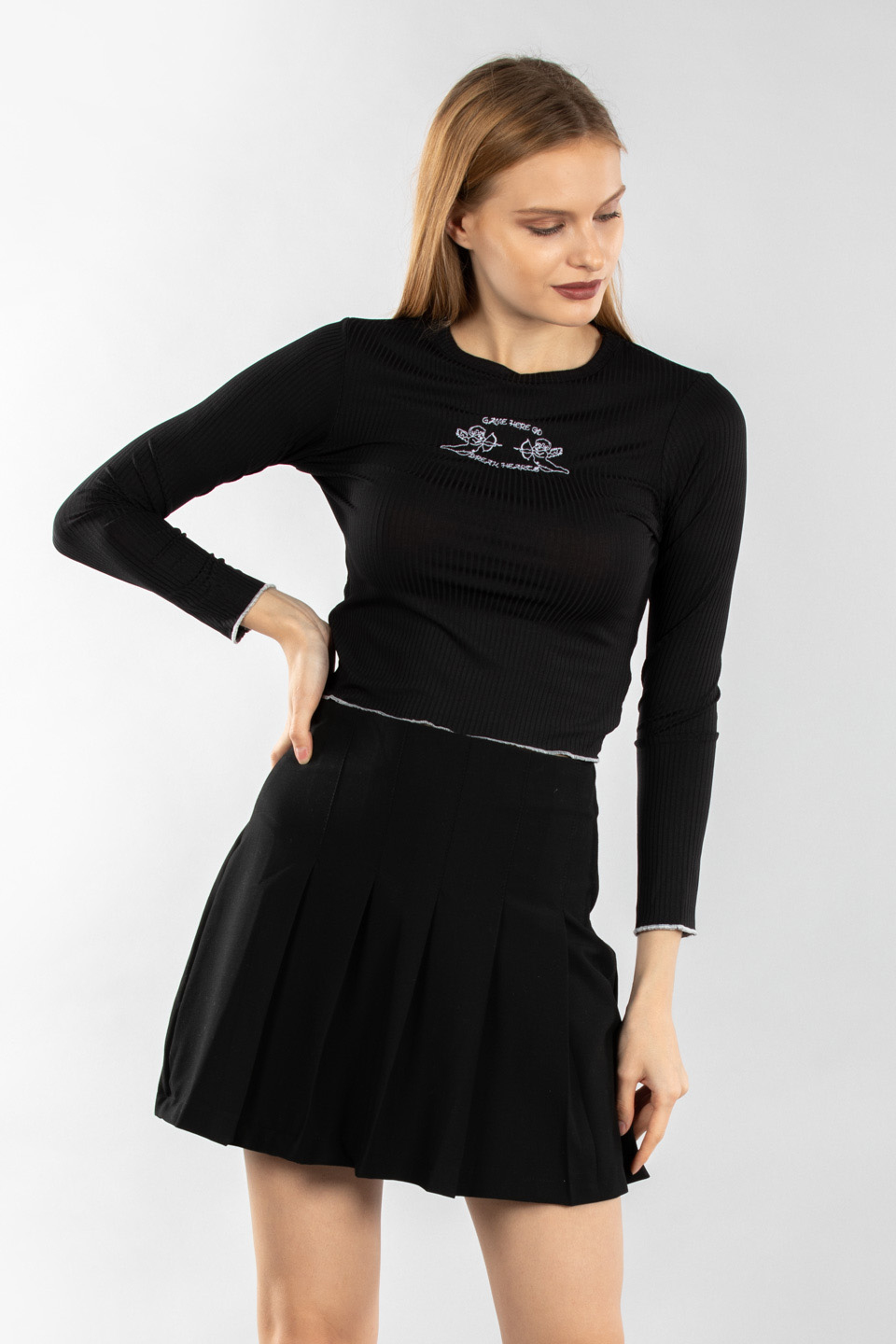 Melek nakışlı uzun kollu body-7364 Siyah