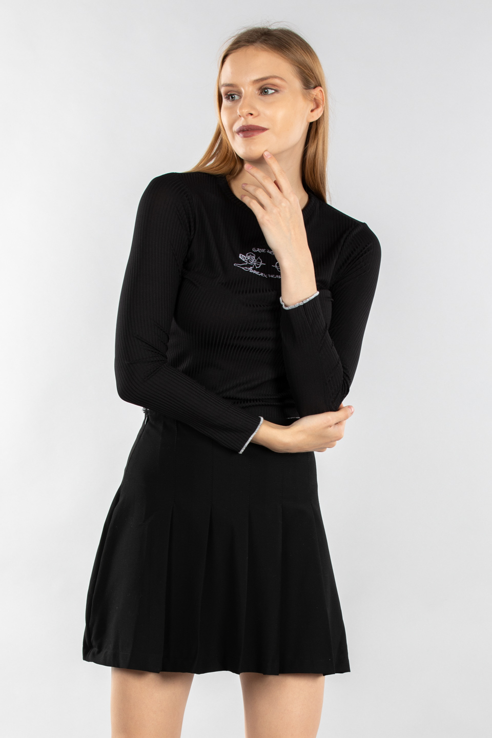 Melek nakışlı uzun kollu body-7364 Siyah