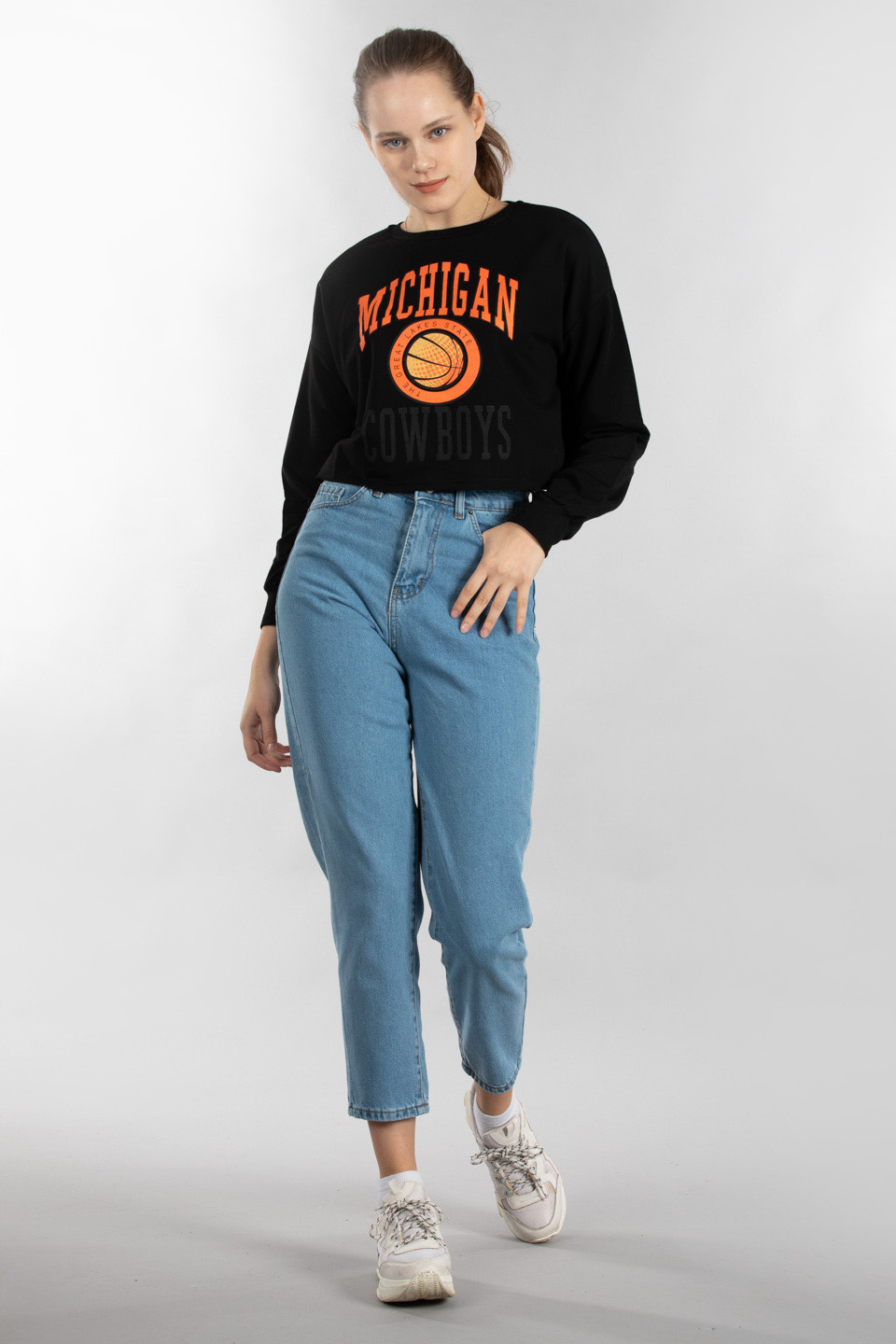 Mıchıgan baskılı crop sweatshırt-9643 Siyah