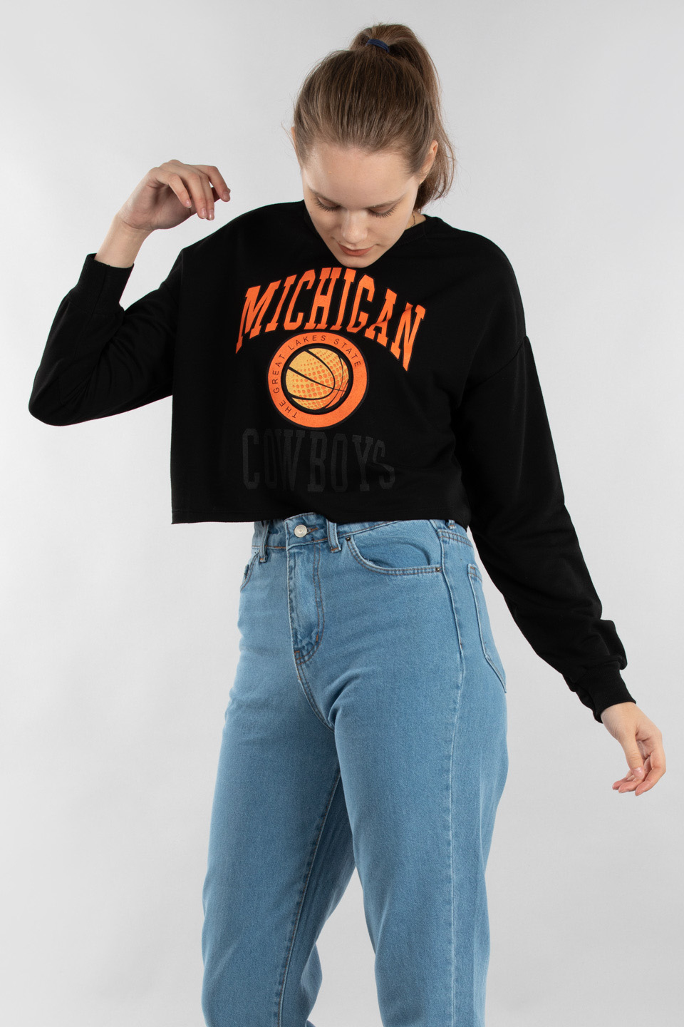 Mıchıgan baskılı crop sweatshırt-9643 Siyah