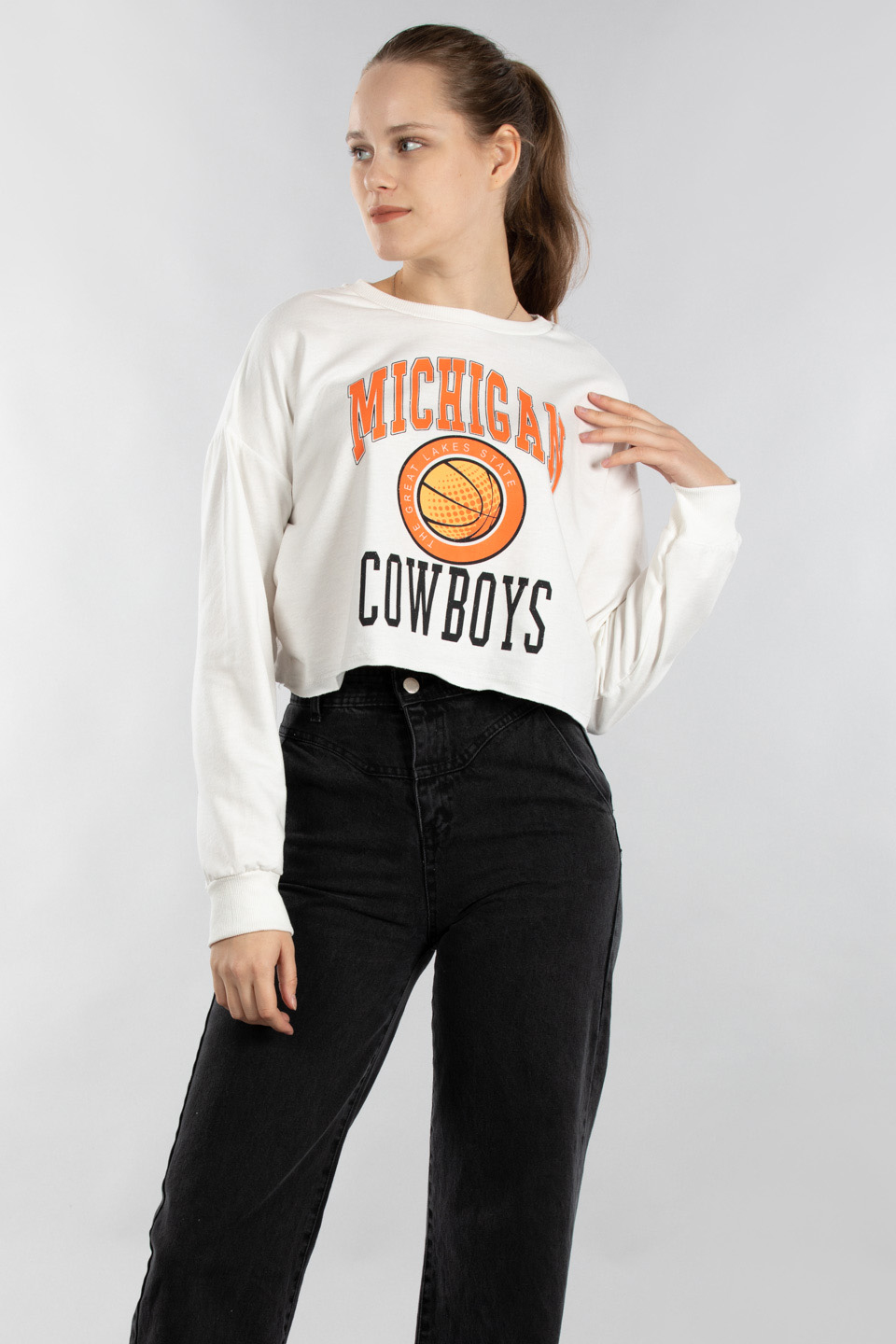 Mıchıgan baskılı crop sweatshırt-9643 Ekru