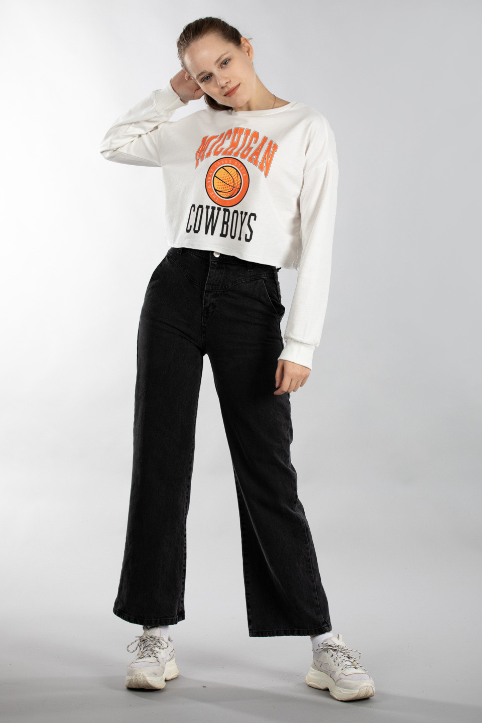 Mıchıgan baskılı crop sweatshırt-9643 Ekru