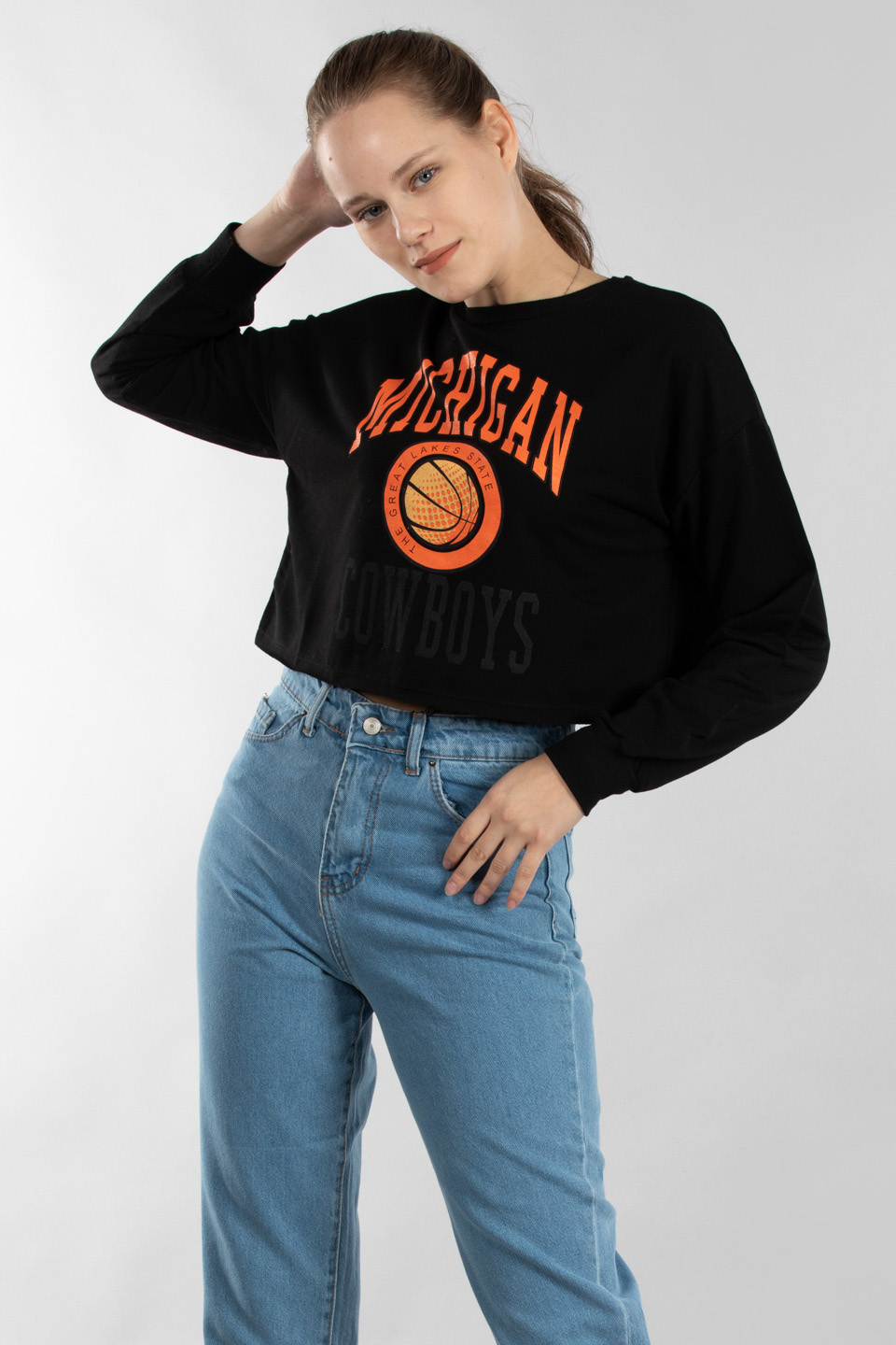 Mıchıgan baskılı crop sweatshırt-9643 Siyah