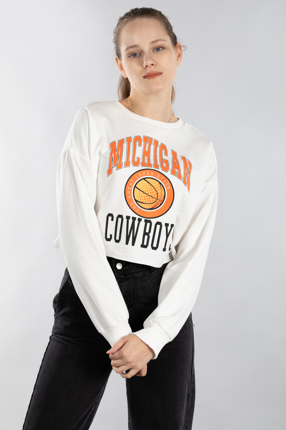 Mıchıgan baskılı crop sweatshırt-9643 Ekru