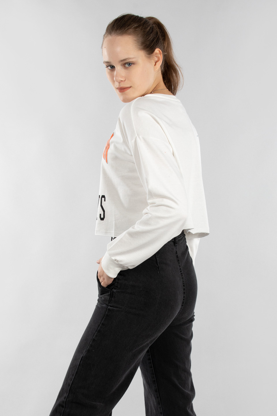 Mıchıgan baskılı crop sweatshırt-9643 Ekru