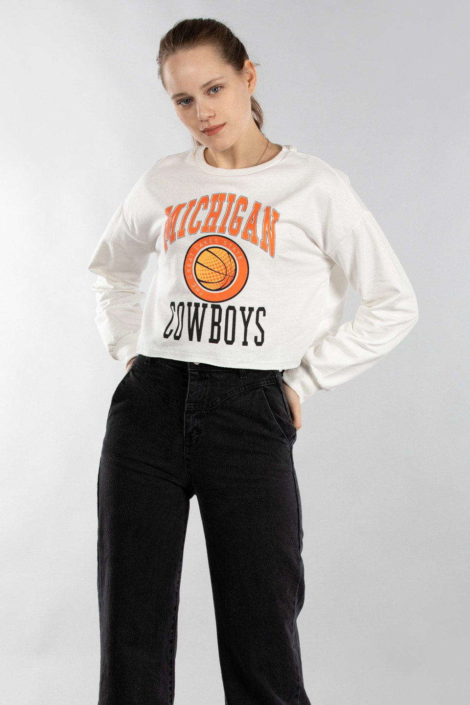 Mıchıgan baskılı crop sweatshırt-9643 Ekru