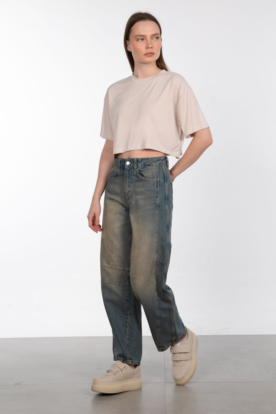 Modal bisiklet yaka crop t-shirt-83-090 Taş