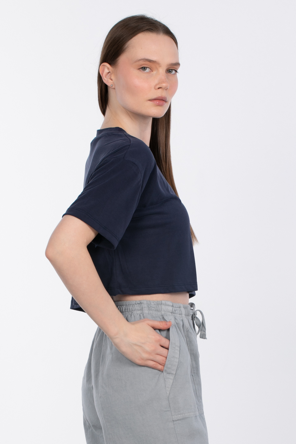 Modal bisiklet yaka crop t-shirt-83-090 Lacivert