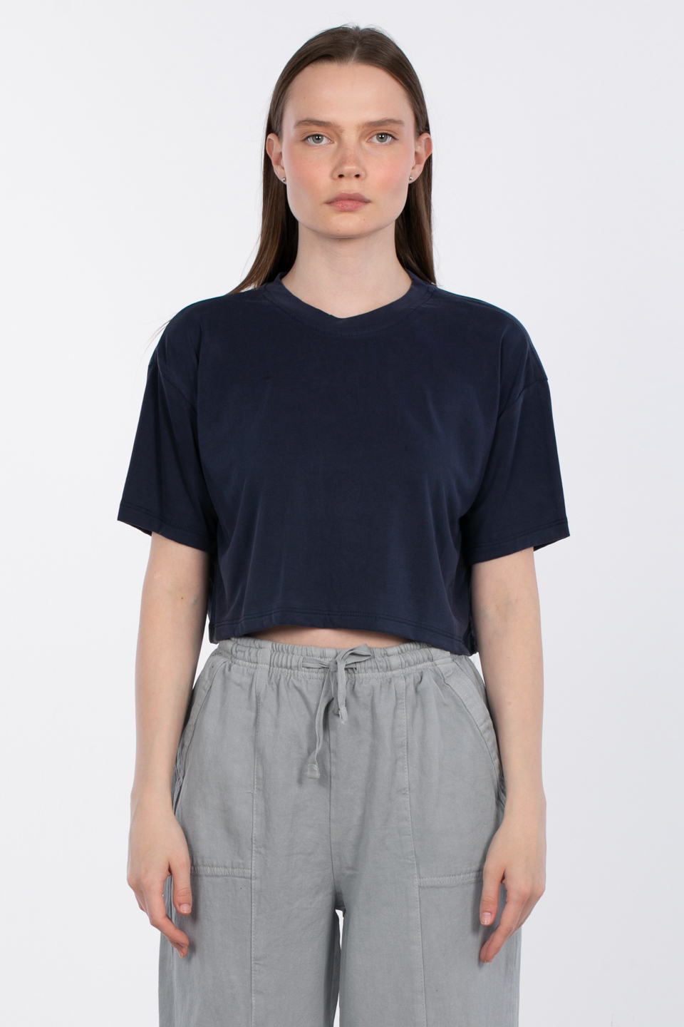 Modal bisiklet yaka crop t-shirt-83-090 Lacivert
