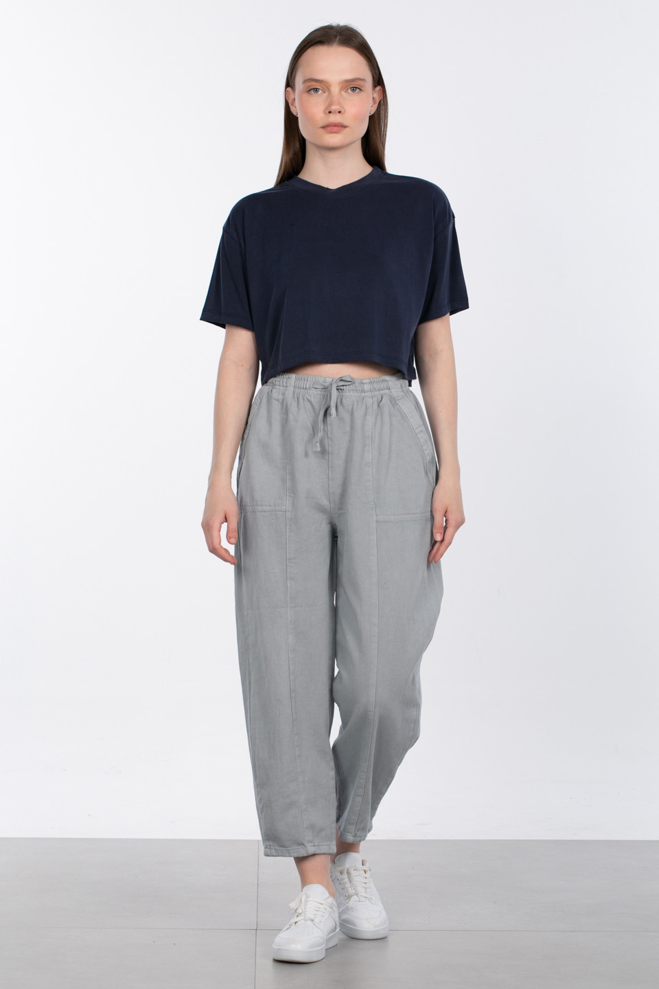 Modal bisiklet yaka crop t-shirt-83-090 Lacivert