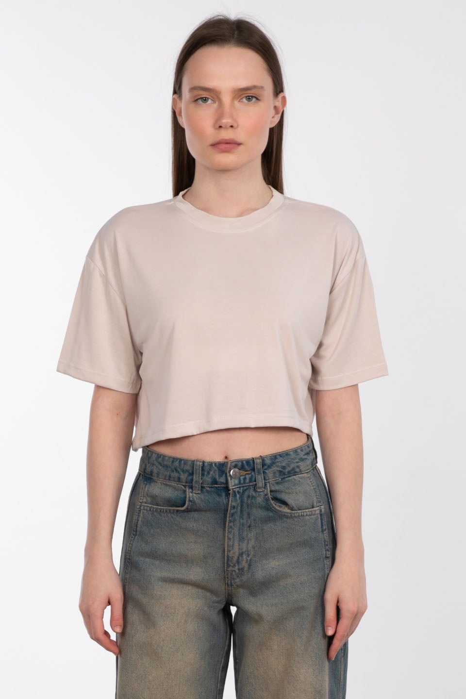 Modal bisiklet yaka crop t-shirt-83-090 Taş