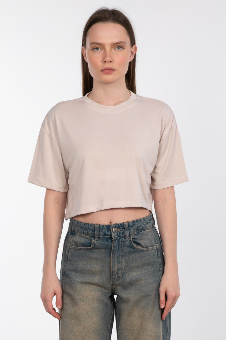 Modal bisiklet yaka crop t-shirt-83-090 Taş