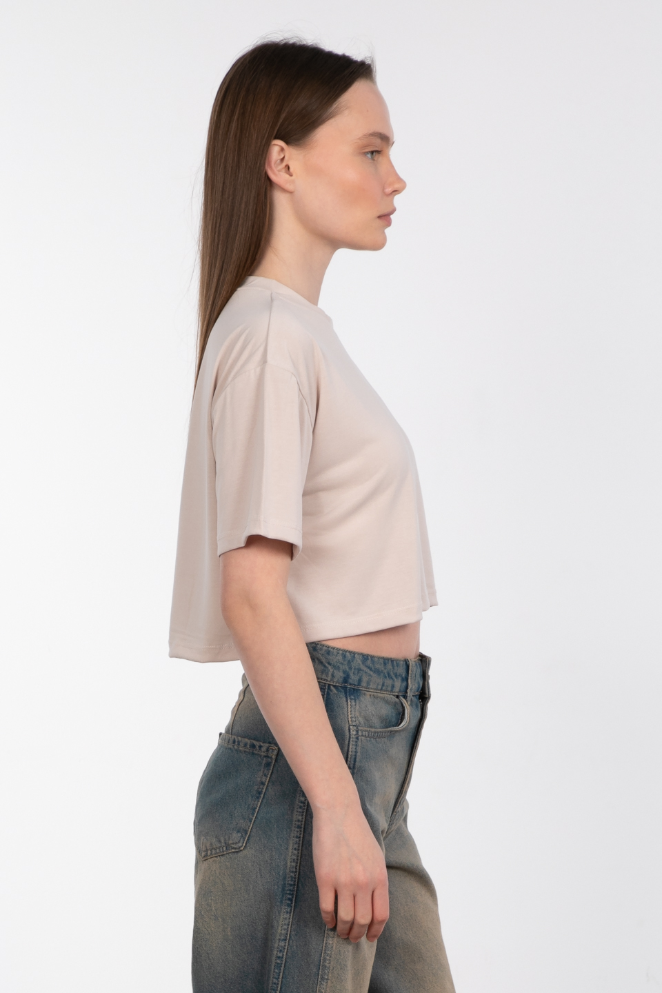 Modal bisiklet yaka crop t-shirt-83-090 Taş