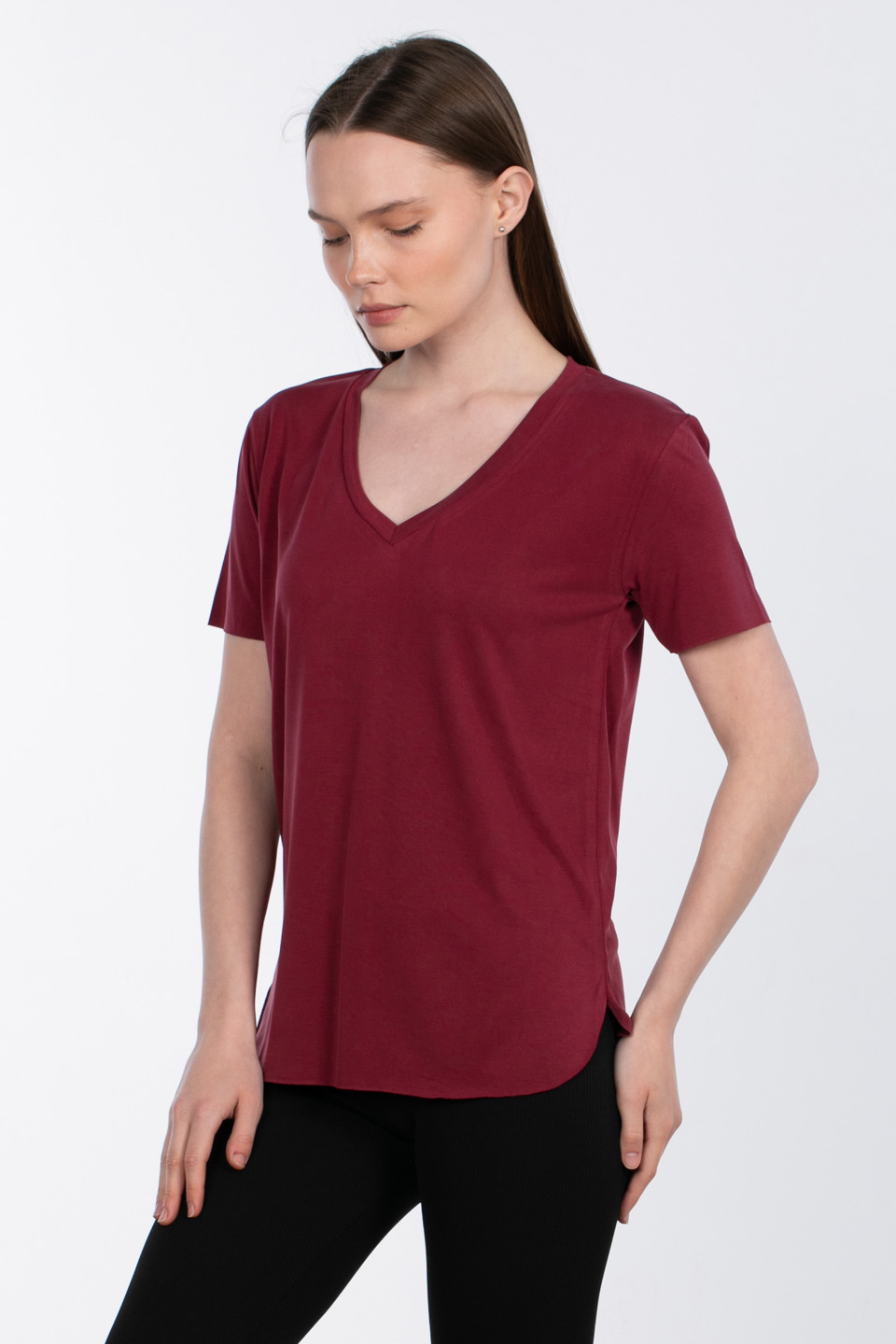 Modal v yaka yanı yırtmaçlı t-shirt-83-146 Bordo