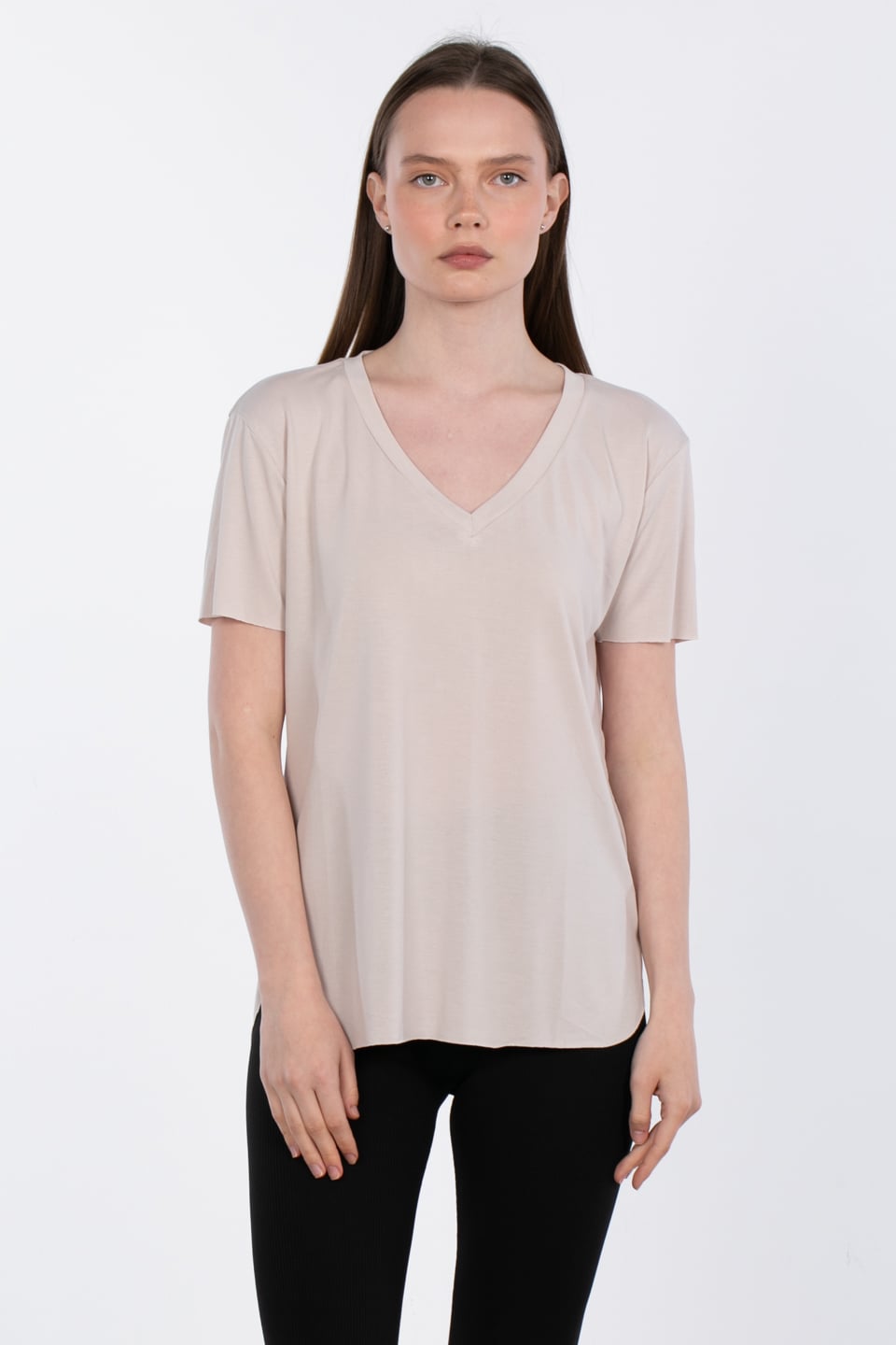 Modal v yaka yanı yırtmaçlı t-shirt-83-146 Taş
