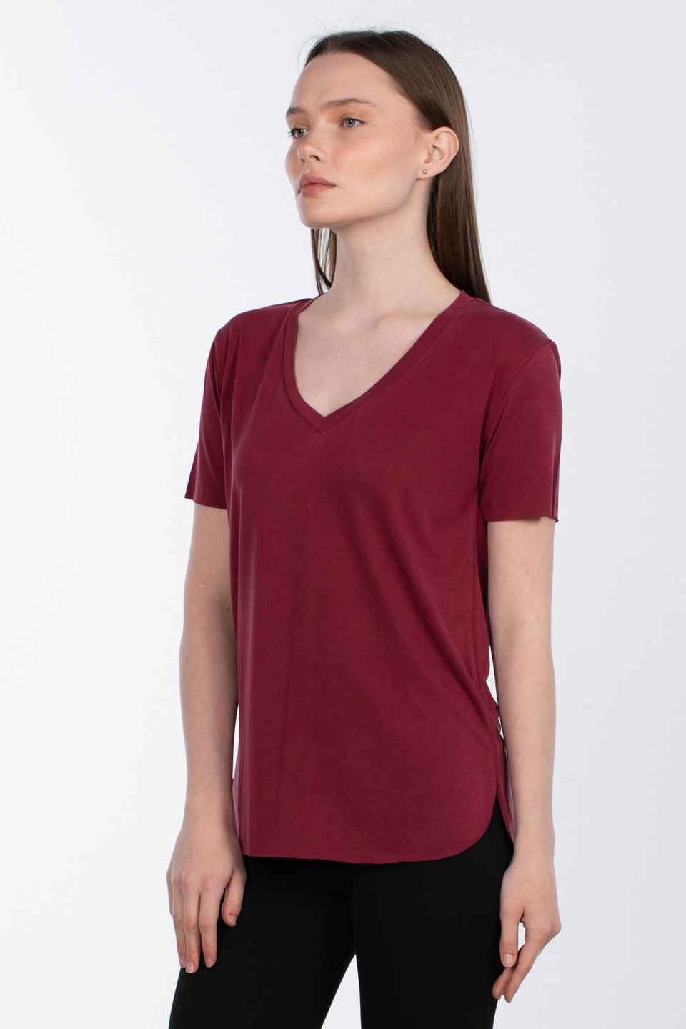 Modal v yaka yanı yırtmaçlı t-shirt-83-146 Bordo
