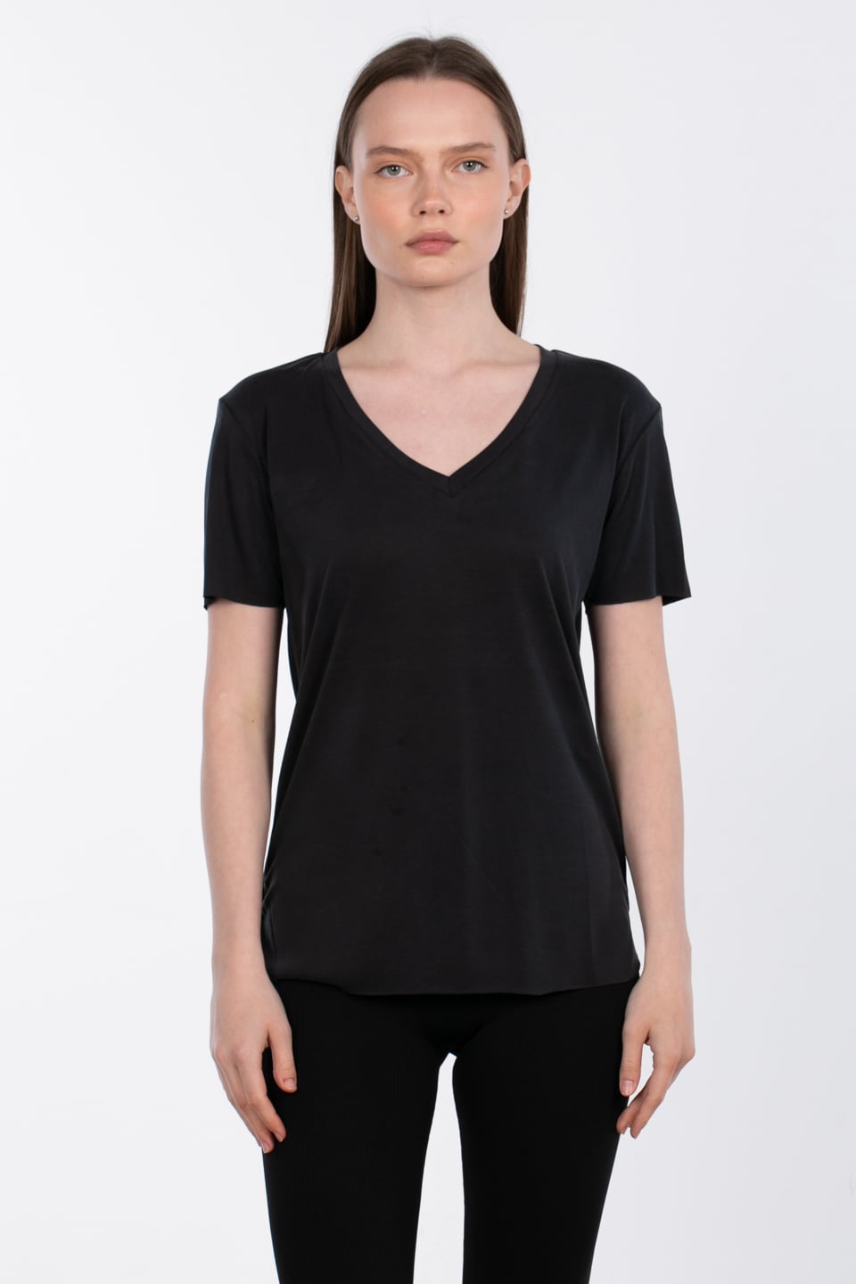 Modal v yaka yanı yırtmaçlı t-shirt-83-146 Siyah