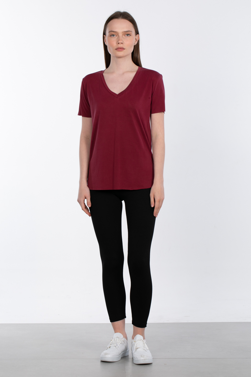 Modal v yaka yanı yırtmaçlı t-shirt-83-146 Bordo