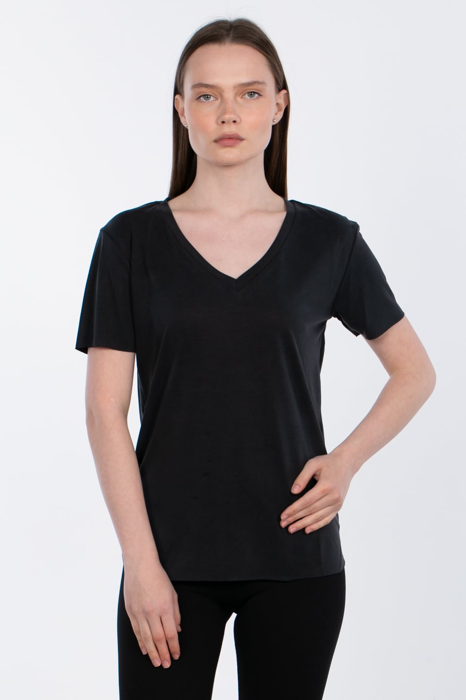 Modal v yaka yanı yırtmaçlı t-shirt-83-146 Siyah