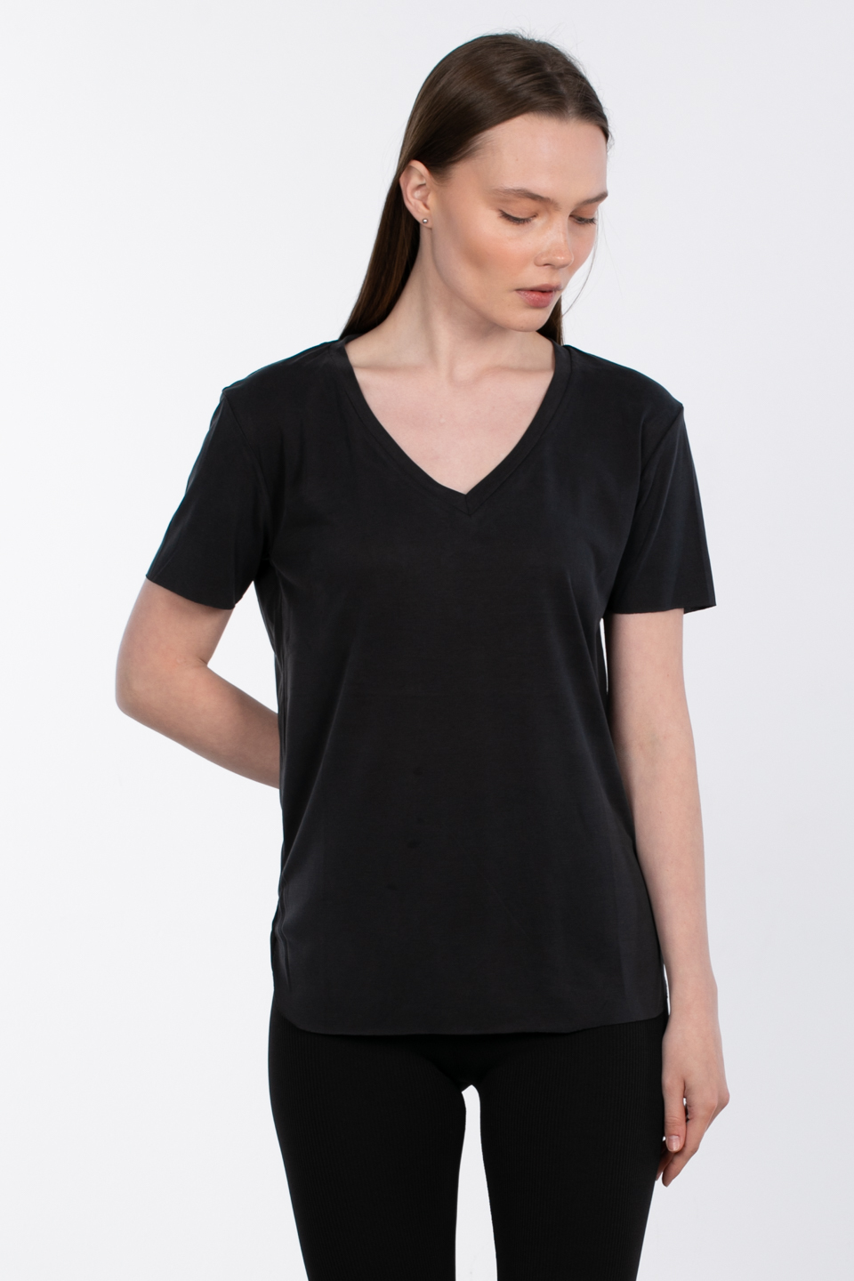 Modal v yaka yanı yırtmaçlı t-shirt-83-146 Siyah
