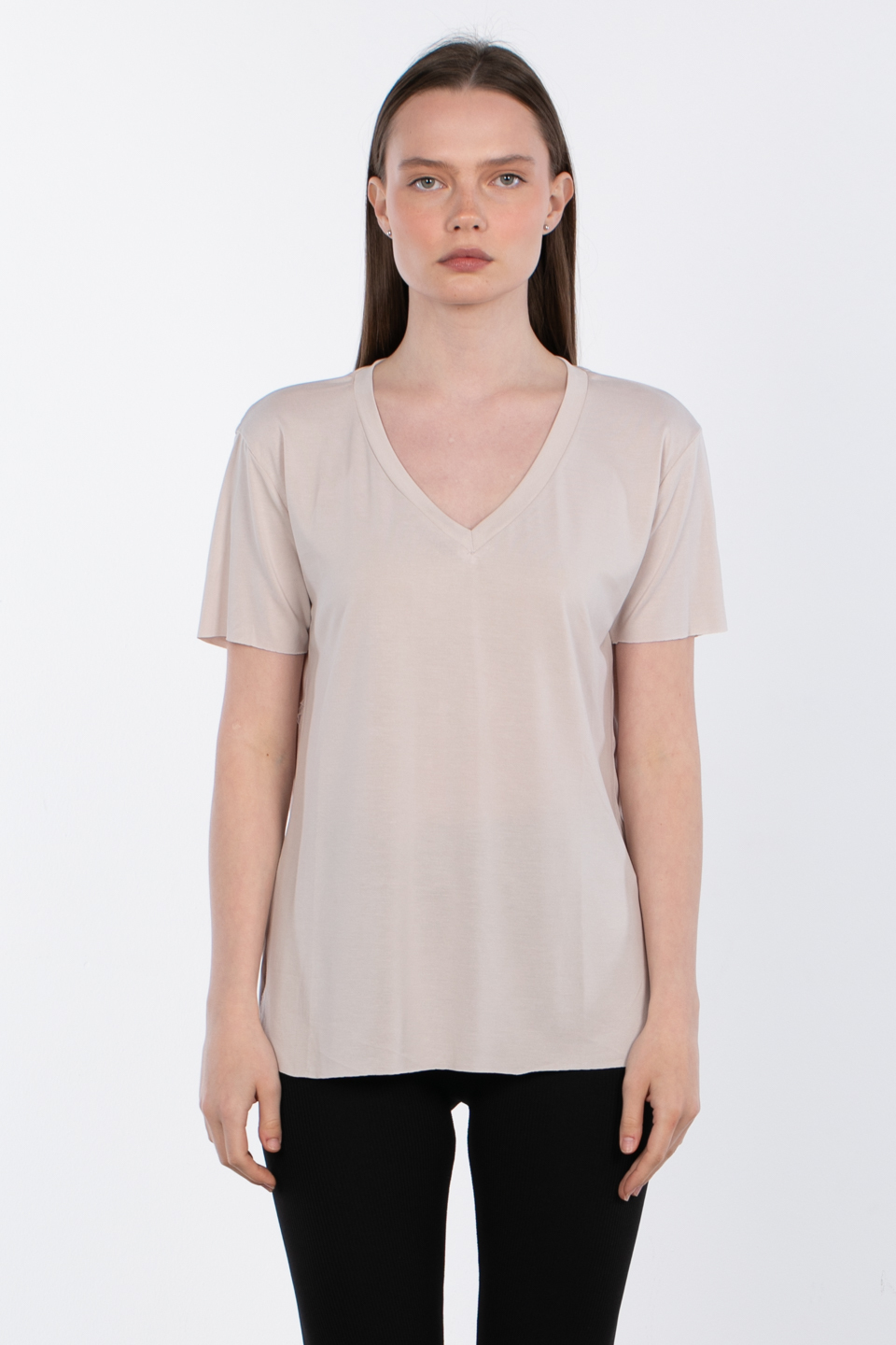Modal v yaka yanı yırtmaçlı t-shirt-83-146 Taş