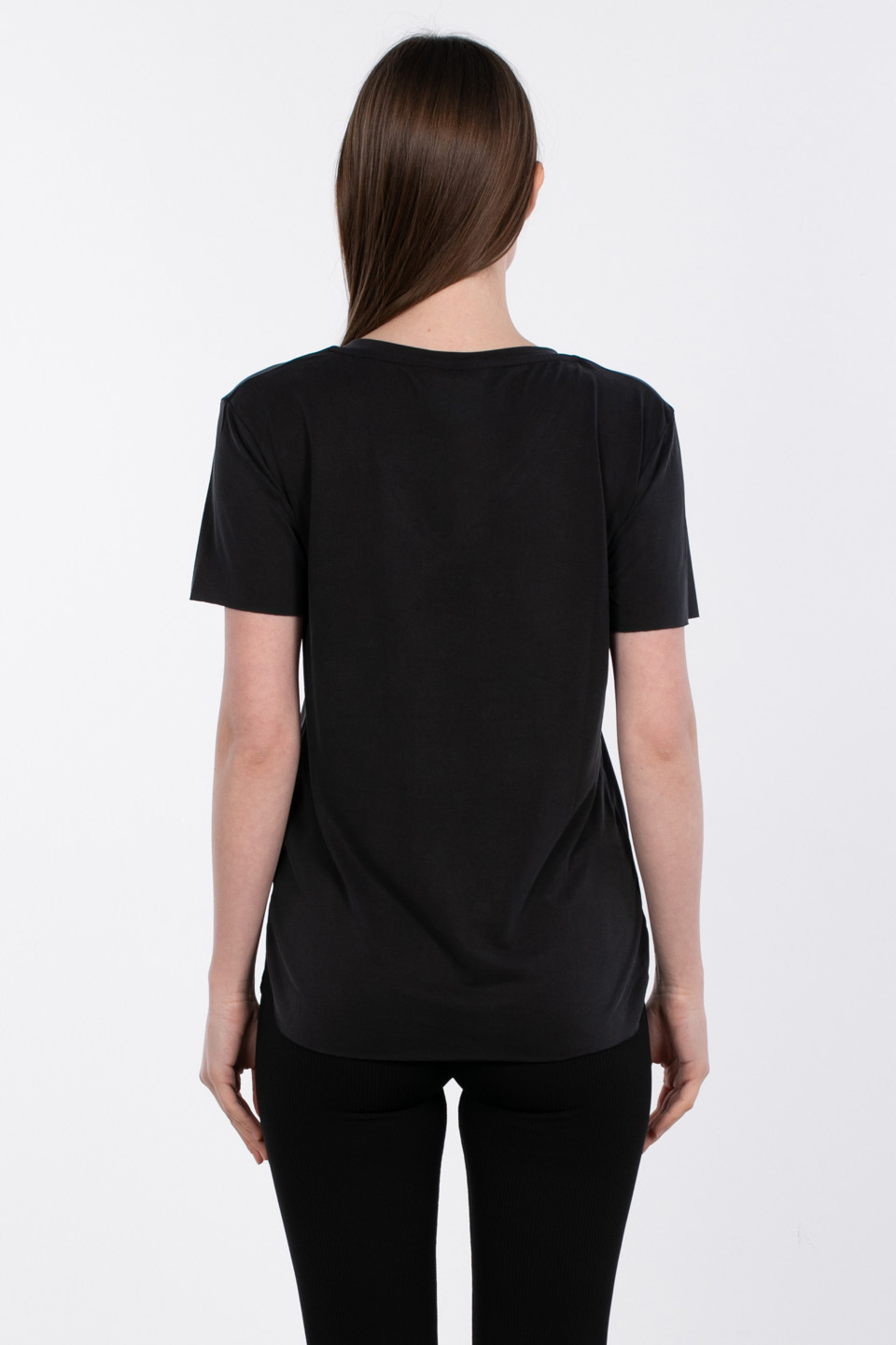 Modal v yaka yanı yırtmaçlı t-shirt-83-146 Siyah
