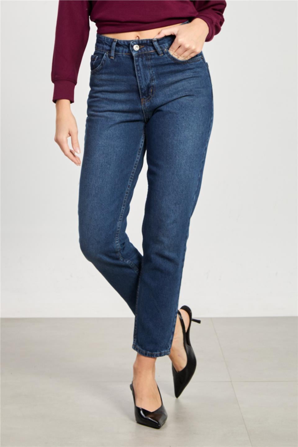 Mom jean pantolon-7022 Taşlanmış Mavi