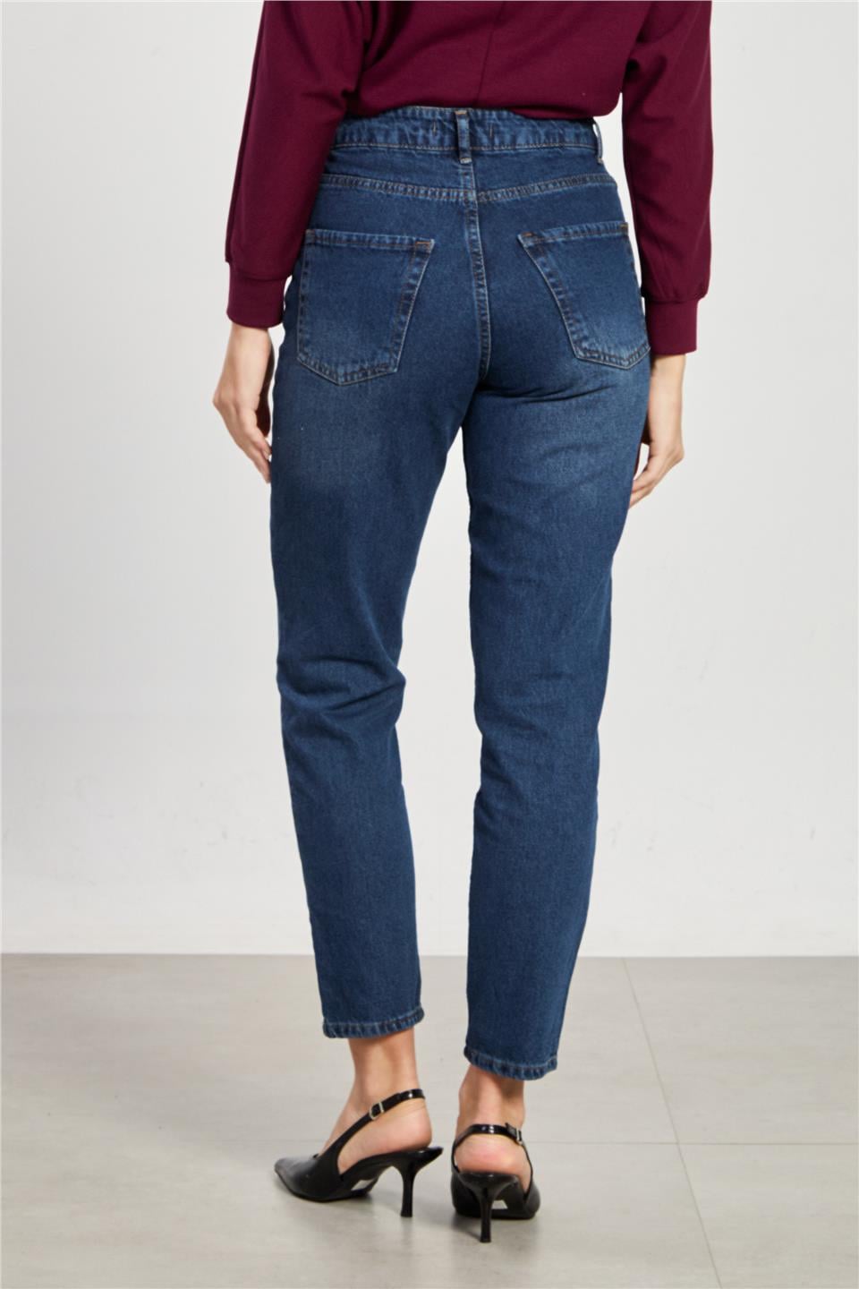 Mom jean pantolon-7022 Taşlanmış Mavi