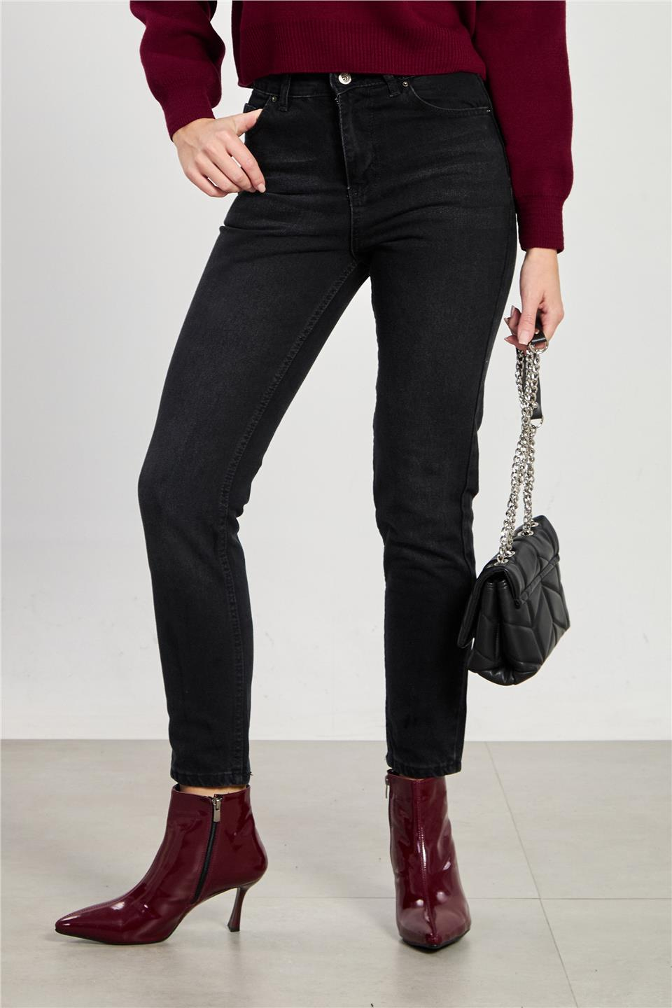 Mom jean pantolon-7022 Taşlanmış Siyah