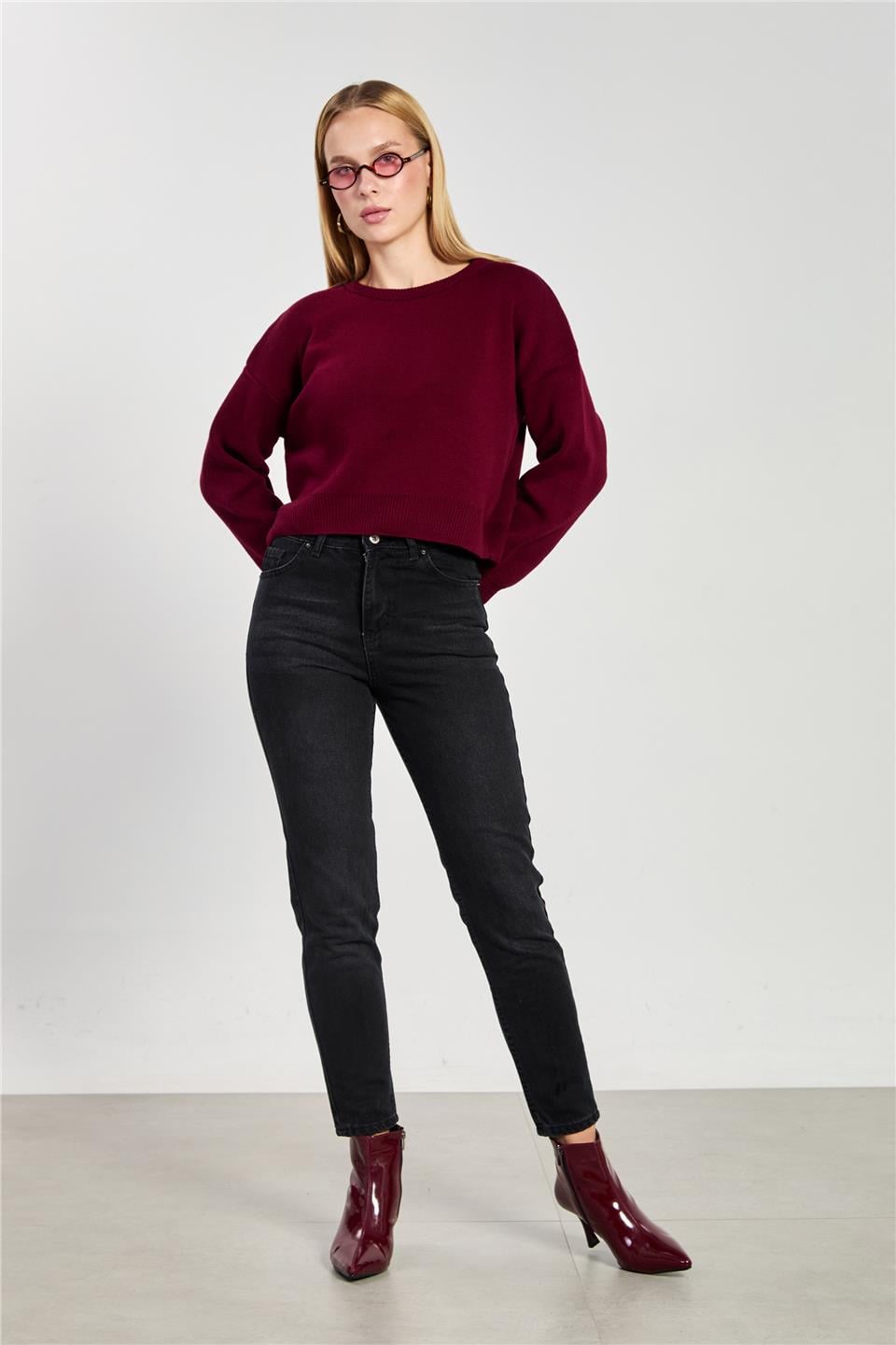 Mom jean pantolon-7022 Taşlanmış Siyah