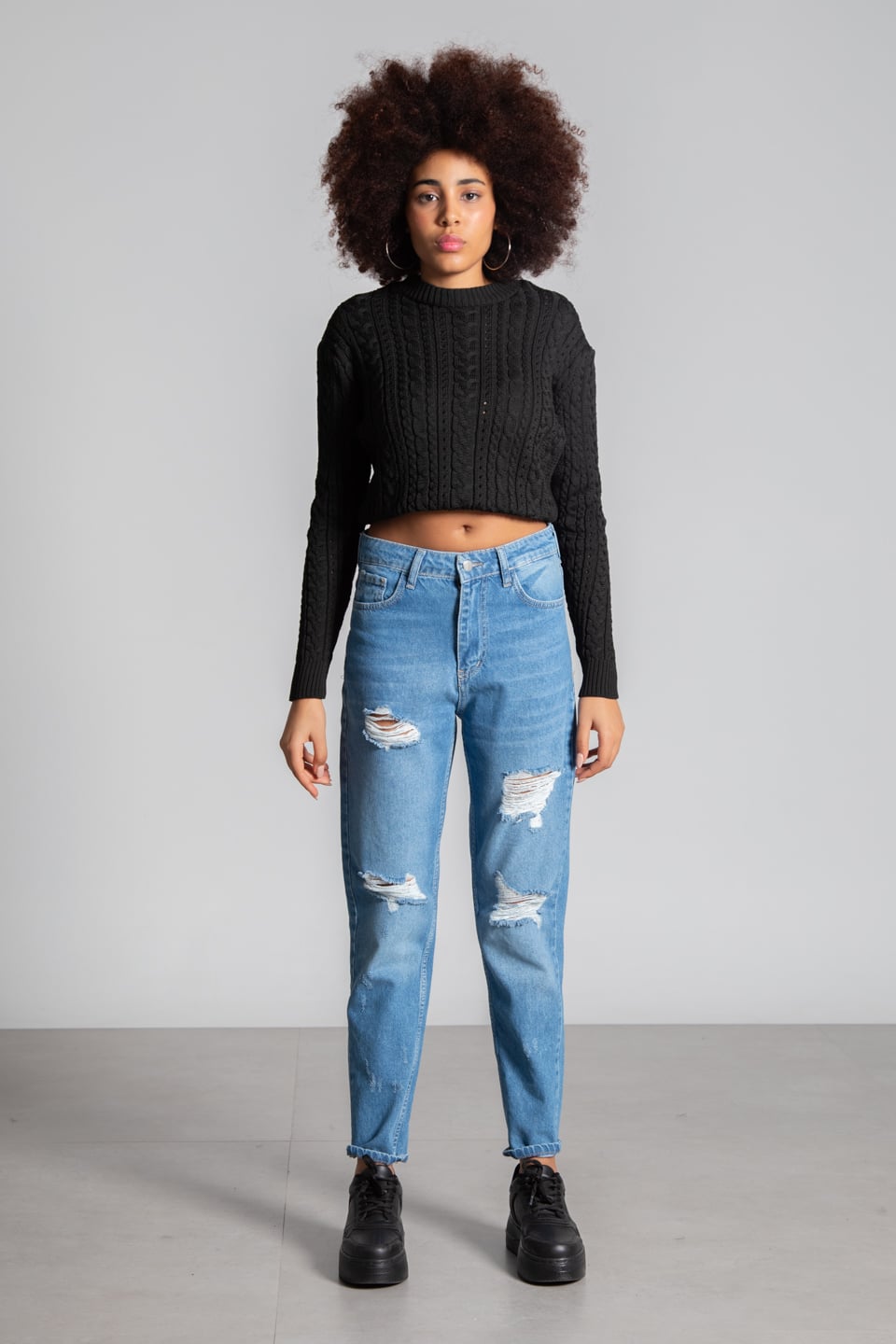 Mom jean yırtık pantolon-28383 Orta Mavi