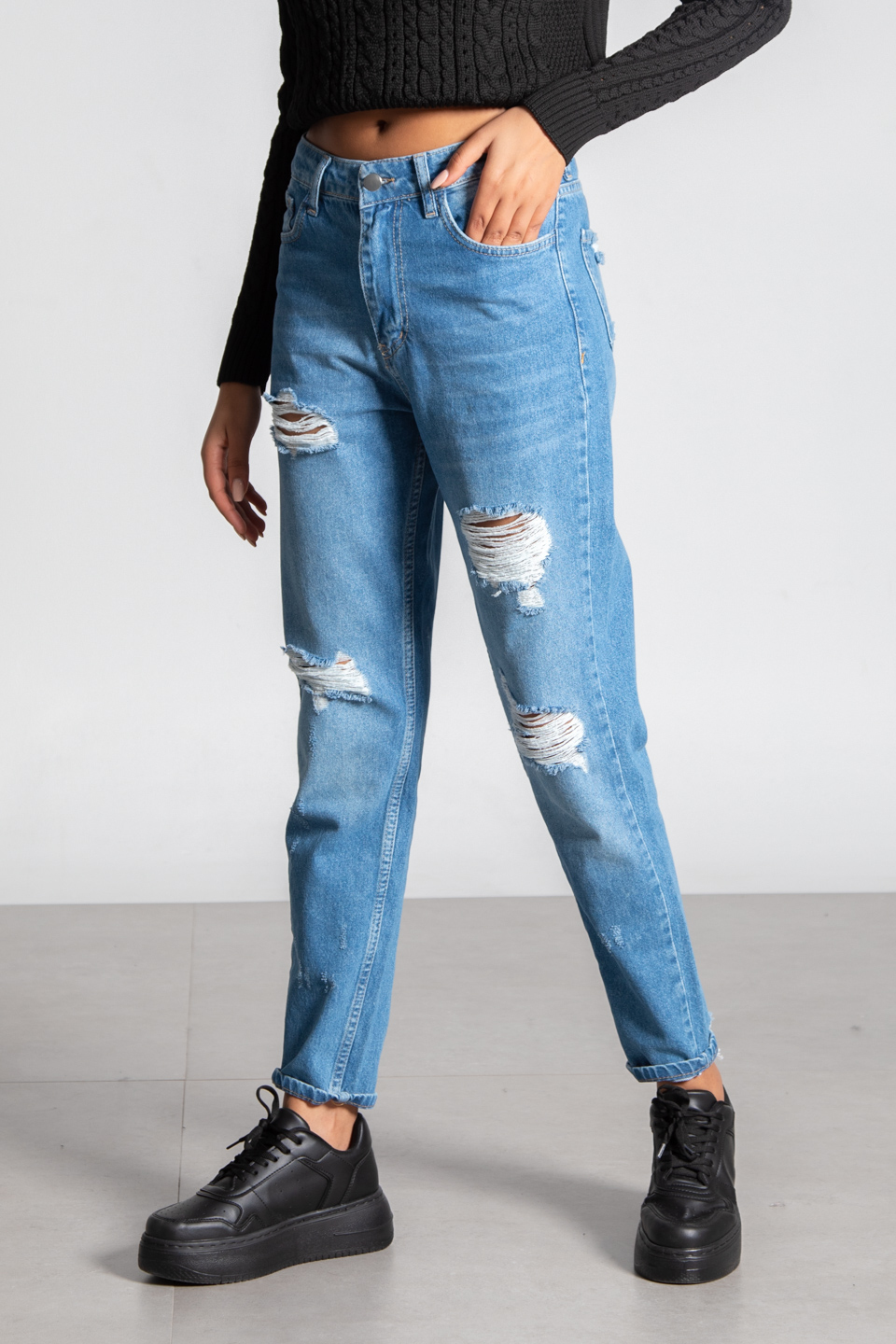 Mom jean yırtık pantolon-28383 Orta Mavi