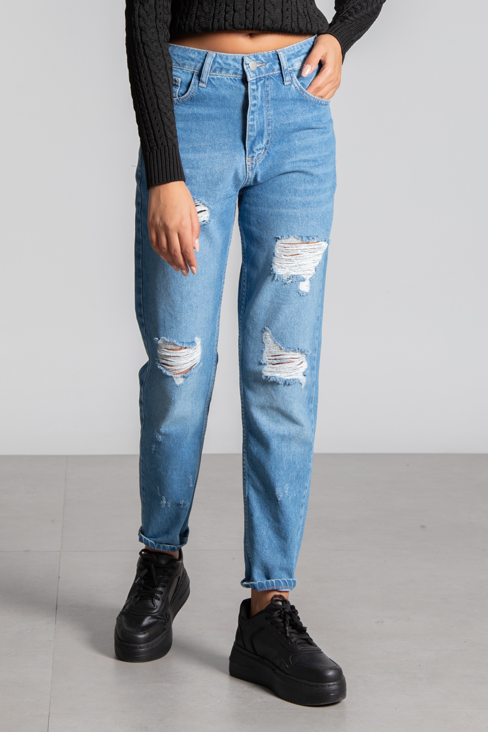 Mom jean yırtık pantolon-28383 Orta Mavi