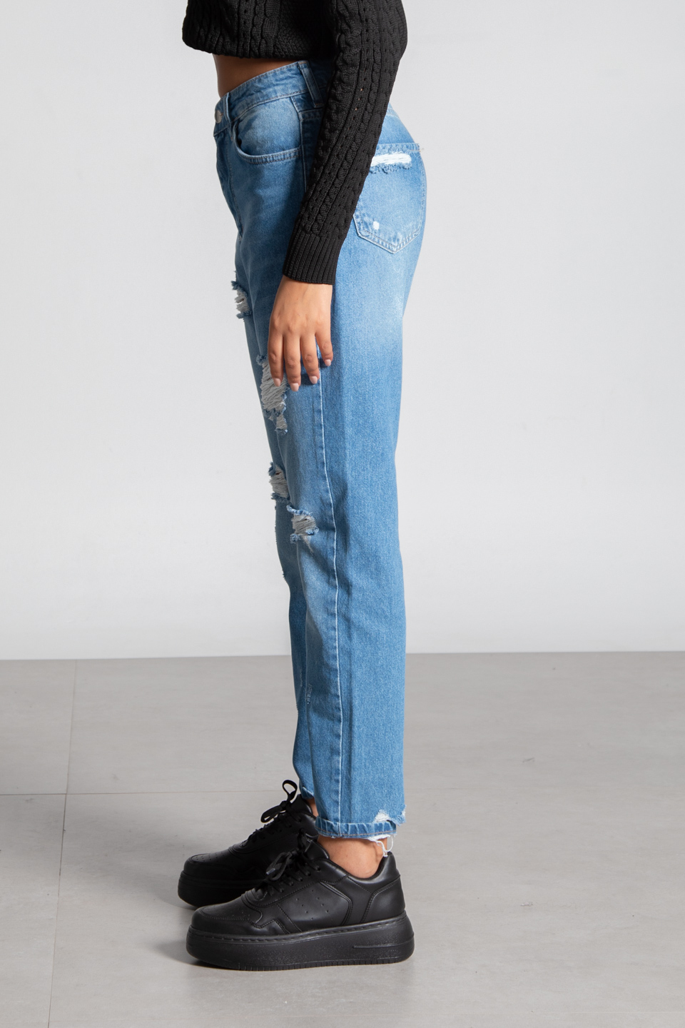 Mom jean yırtık pantolon-28383 Orta Mavi
