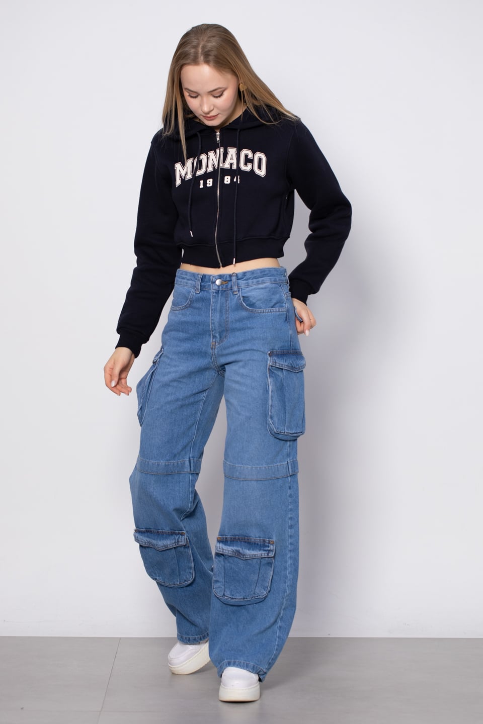 Monaco baskılı fermuarlı sweatshirt-3640 Lacivert